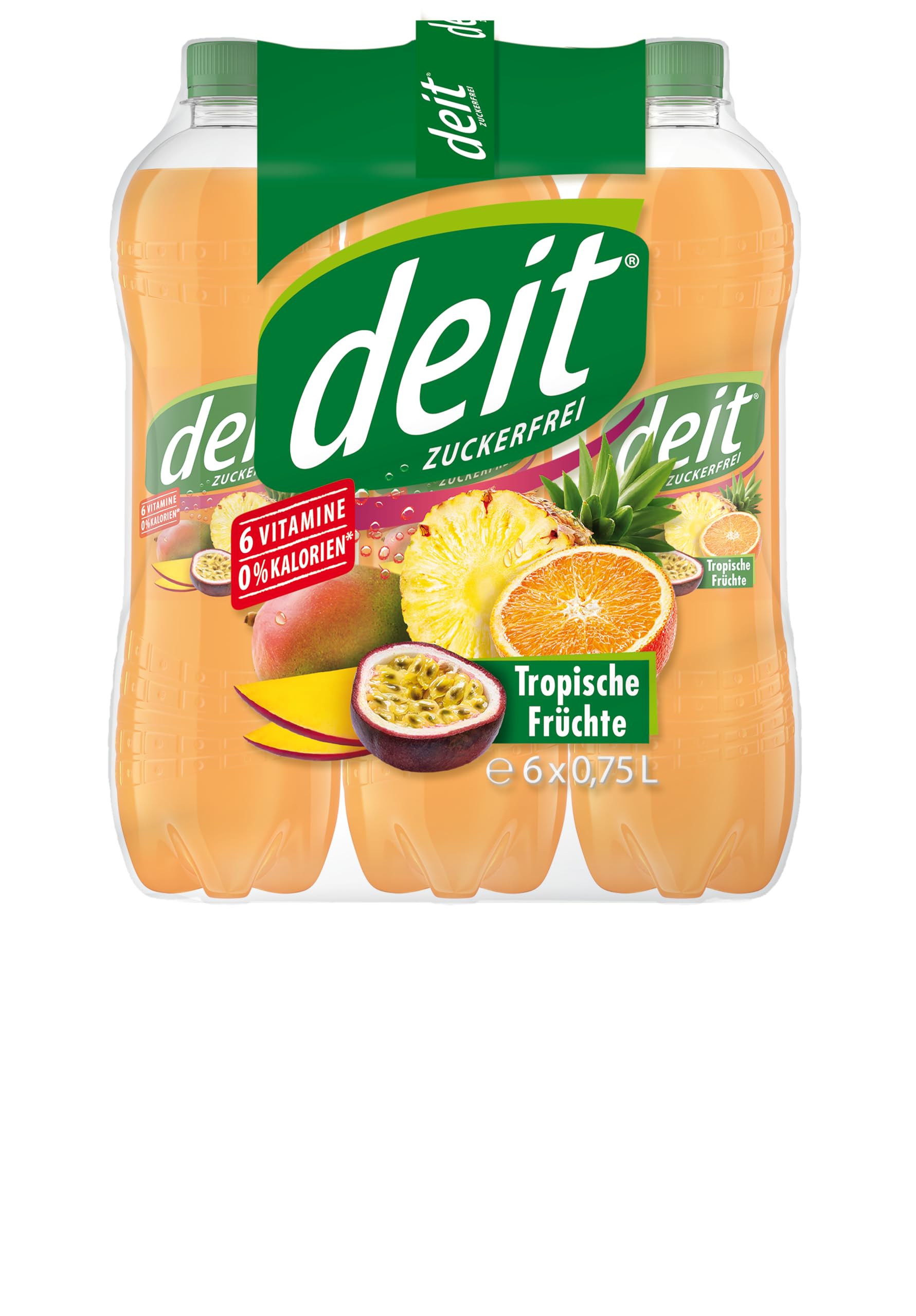 DEIT Tropische Früchte - Kalorienarme Limonade mit Mango, Ananas & Passionsfrucht - 0,75 Liter PET-Flasche