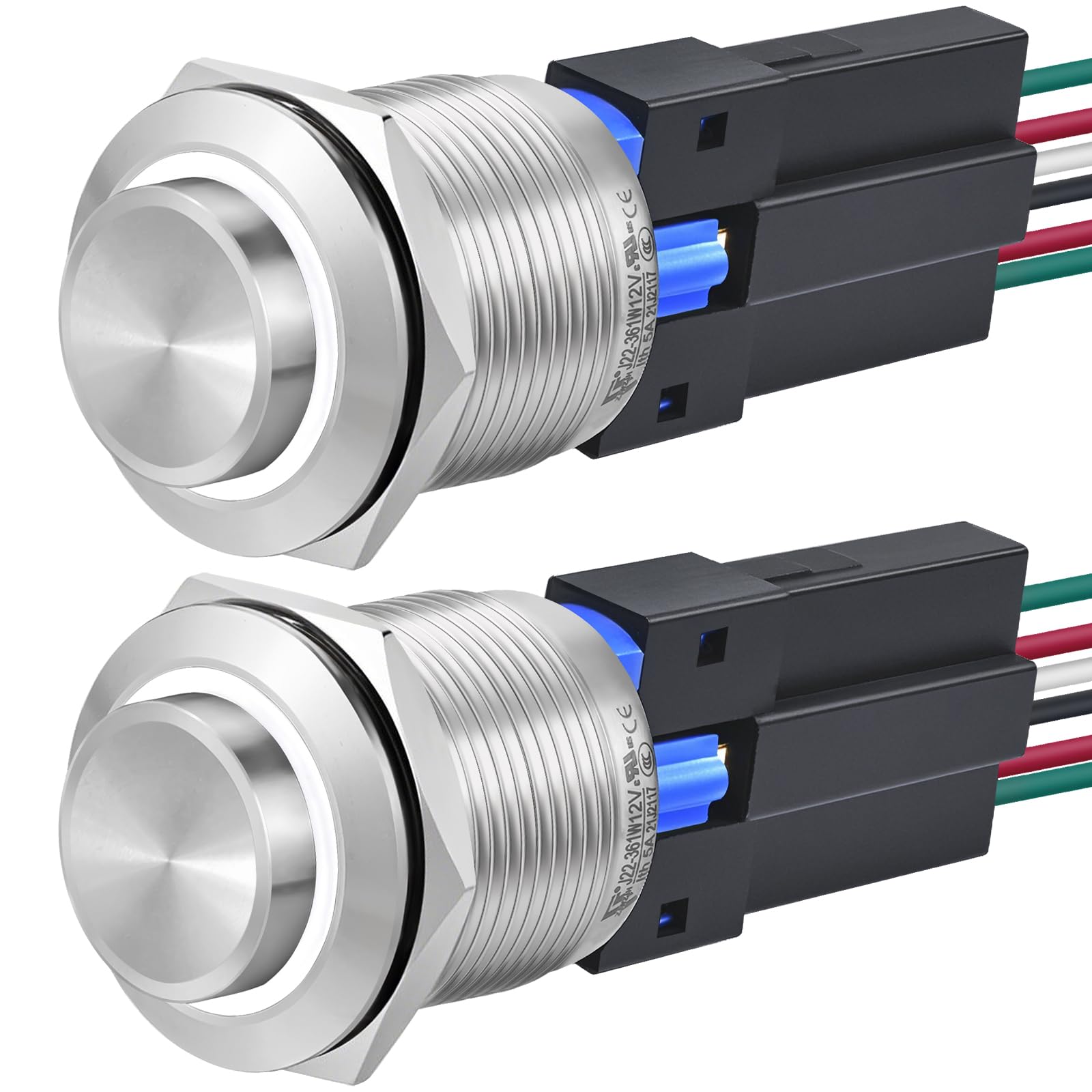 22mm Push Button Switch Momentary Latching High Round Waterproof IP67 On Off Stainless Steel 304 with 12V, 24V LED for 7/8" with Wire 2PCS (White, Momentary,12V)