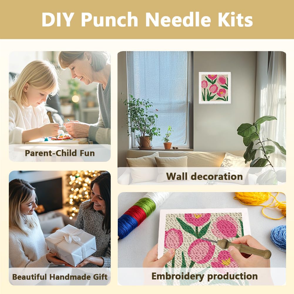 DOODLREAM Tulips DIY Punch Needle Embroidery Kit for Adult Beginner 24cm Flower Punch Stitching Craft Set for Starter with Frame Fabric Pattern - Image 4