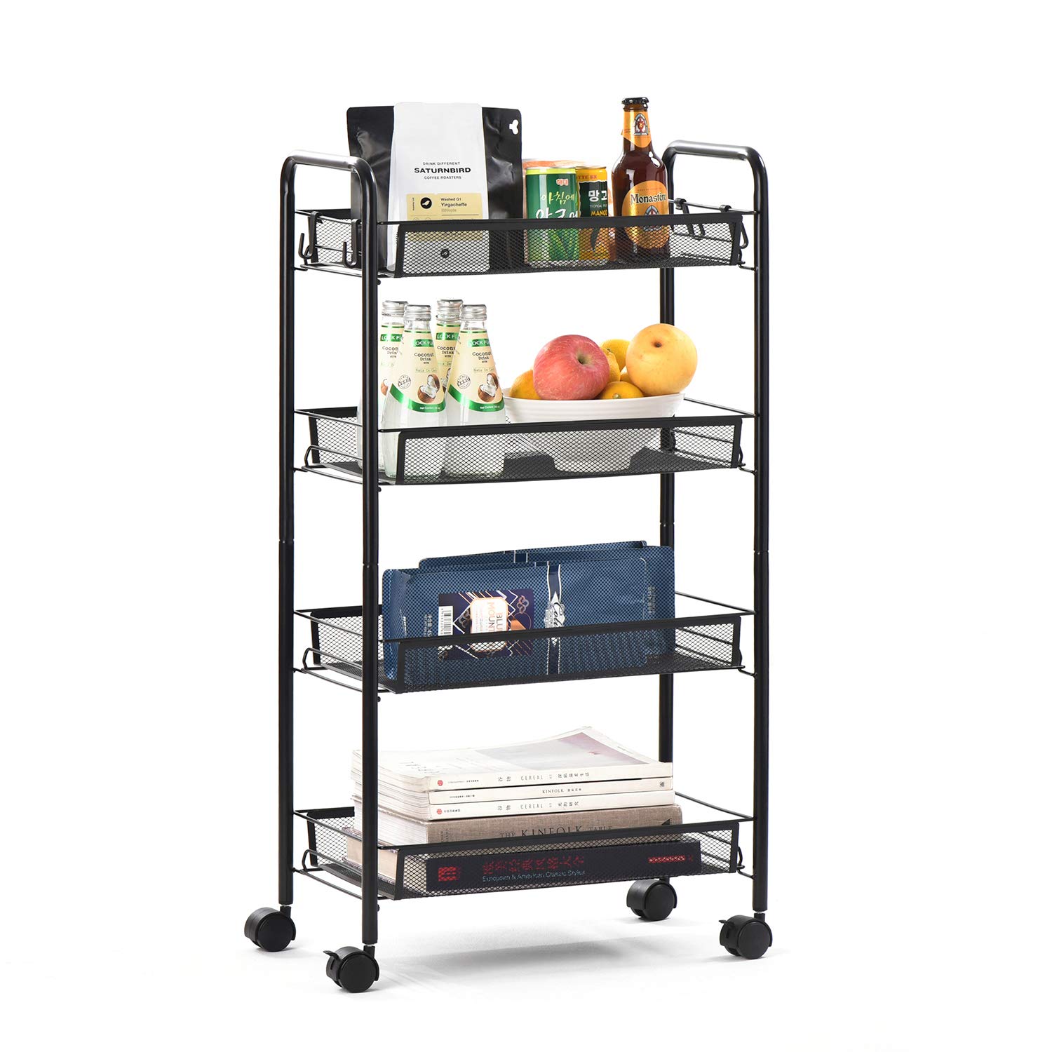 Photo 1 of 4-Tier Mesh Rolling Storage Cart Multifunctional Utility Cart with 4 Free Rolling Casters 4 Hooks for Home, Office, Kitchen, Bathroom, Bedroom-Black Balck 4-Tier