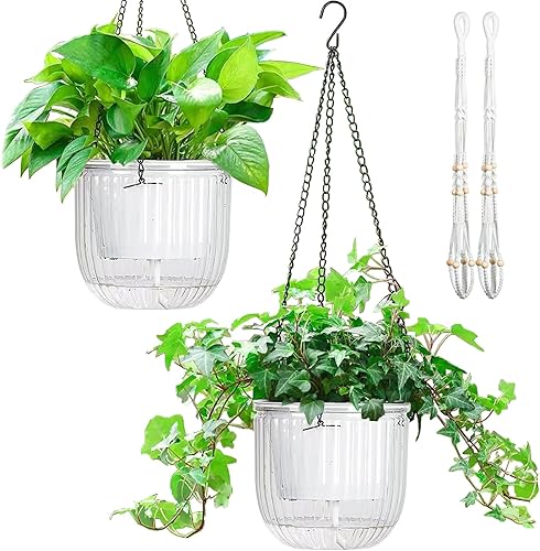 Melphoe Paquete de 2 macetas colgantes de riego automático, macetas colgantes de 6.5 pulgadas para colgar al aire libre, con colgador adicional de