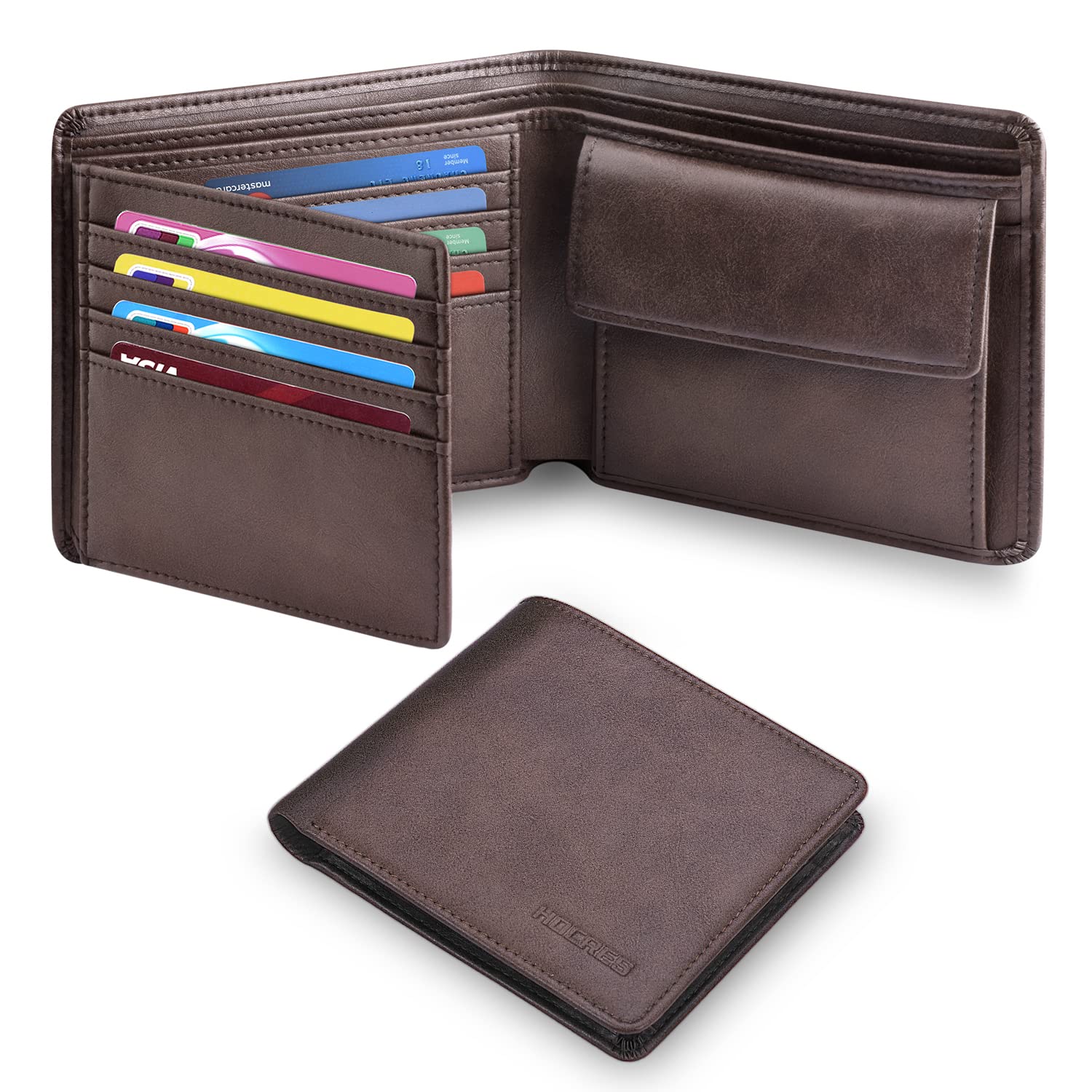 HOCRES Wallets Mens Leather RFID Blocking Slim Wallet with 10 Credit