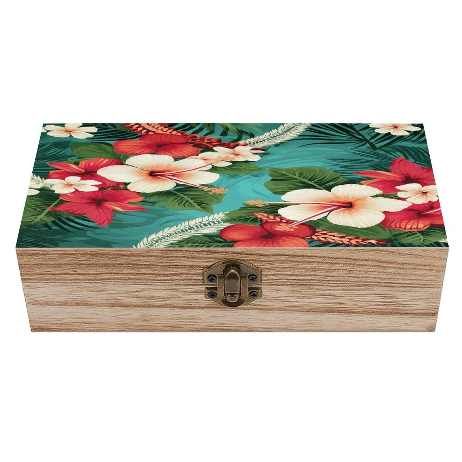 Btcowzrv Style Hawaiian Flowers On Green Background Wooden Storage Box, Keepsake Box With Hinged And Retro Lock, Wood Jewelry Organizer For Photos & Mementos And Home Decor