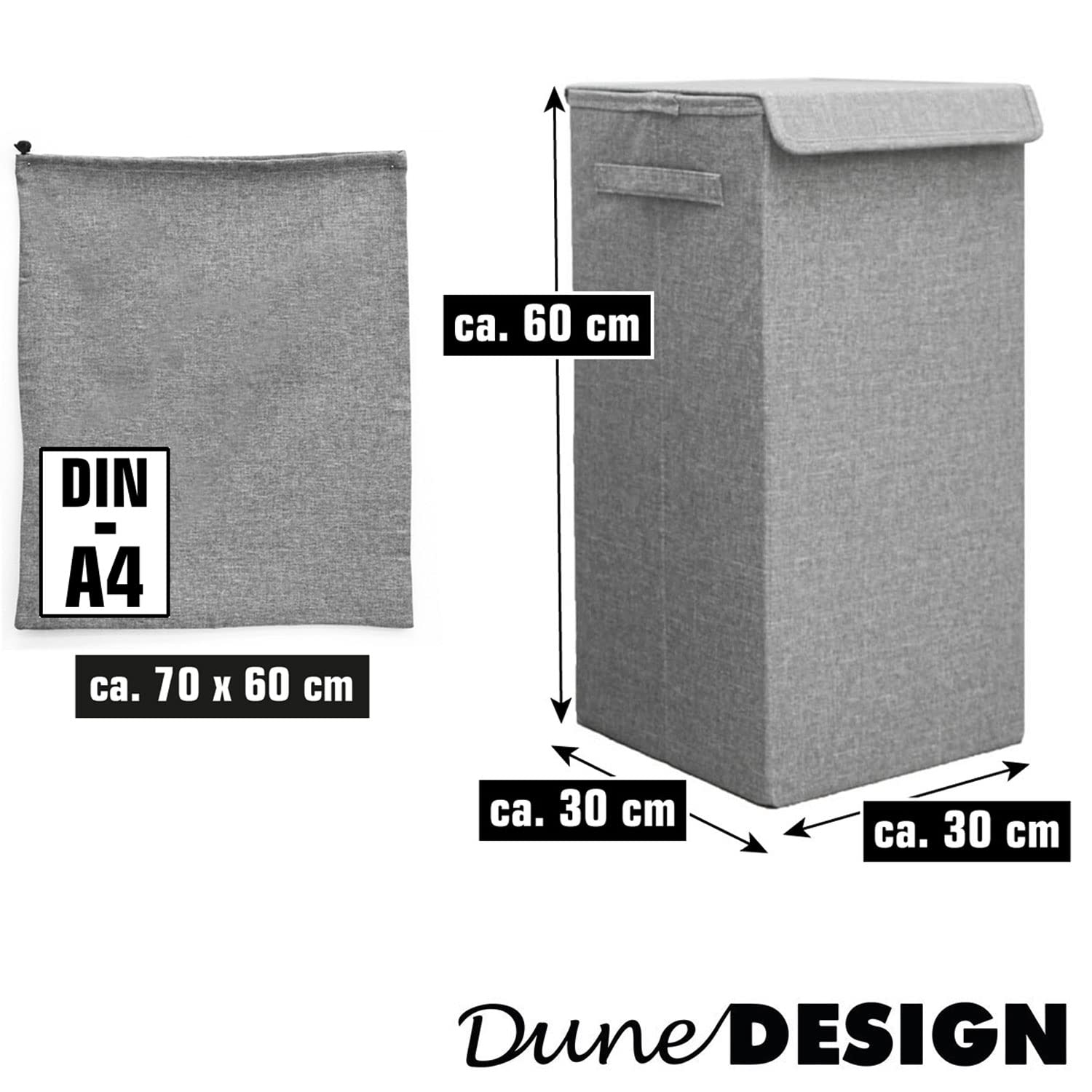 DuneDesign 50L Cesta Ropa Sucia con Tapa y Bolsa Ropa Sucia - 30x30x60 Cubo Ropa Sucia Estrecho - Canasta Ropa Sucia Plegable Gris - Cesto Ropa Sucia con Bolsa - Hamper de Ropa Infantil - Cestas Baño