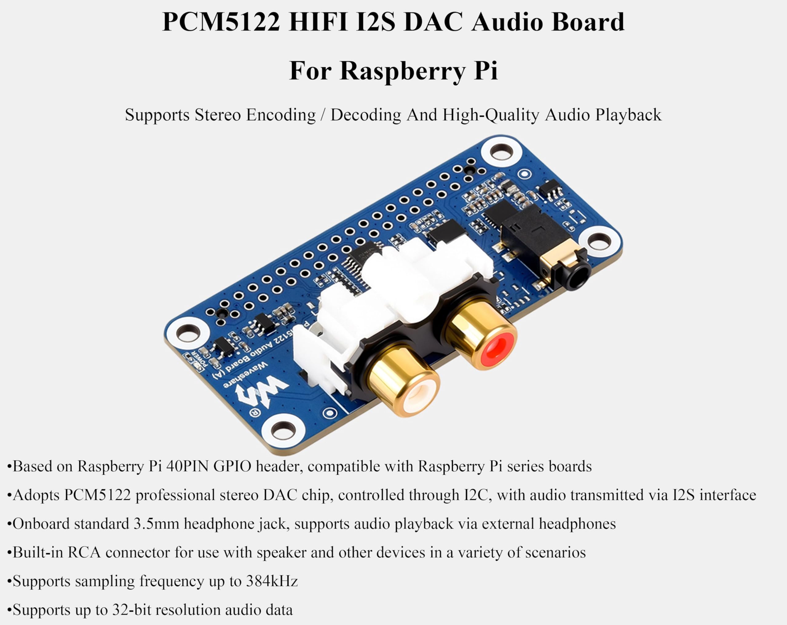 PCM5122 Scheda audio HIFI I2S DAC compatibile con Raspberry Pi 5/4B/3B+/3B/Pi Zero W/Zero 2W/Pico W/Pico 2W, basata su Pi 40PIN GPIO Header, codifica/decodifica stereo, supporta la riproduzione audio