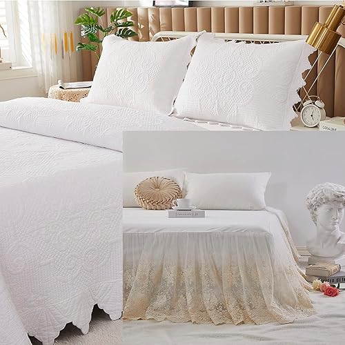 Brandream Juego de edredón de algodón de 4 piezas, color blanco, tamaño Queen, vintage, estilo granja, festoneado, cubrecamas vintage