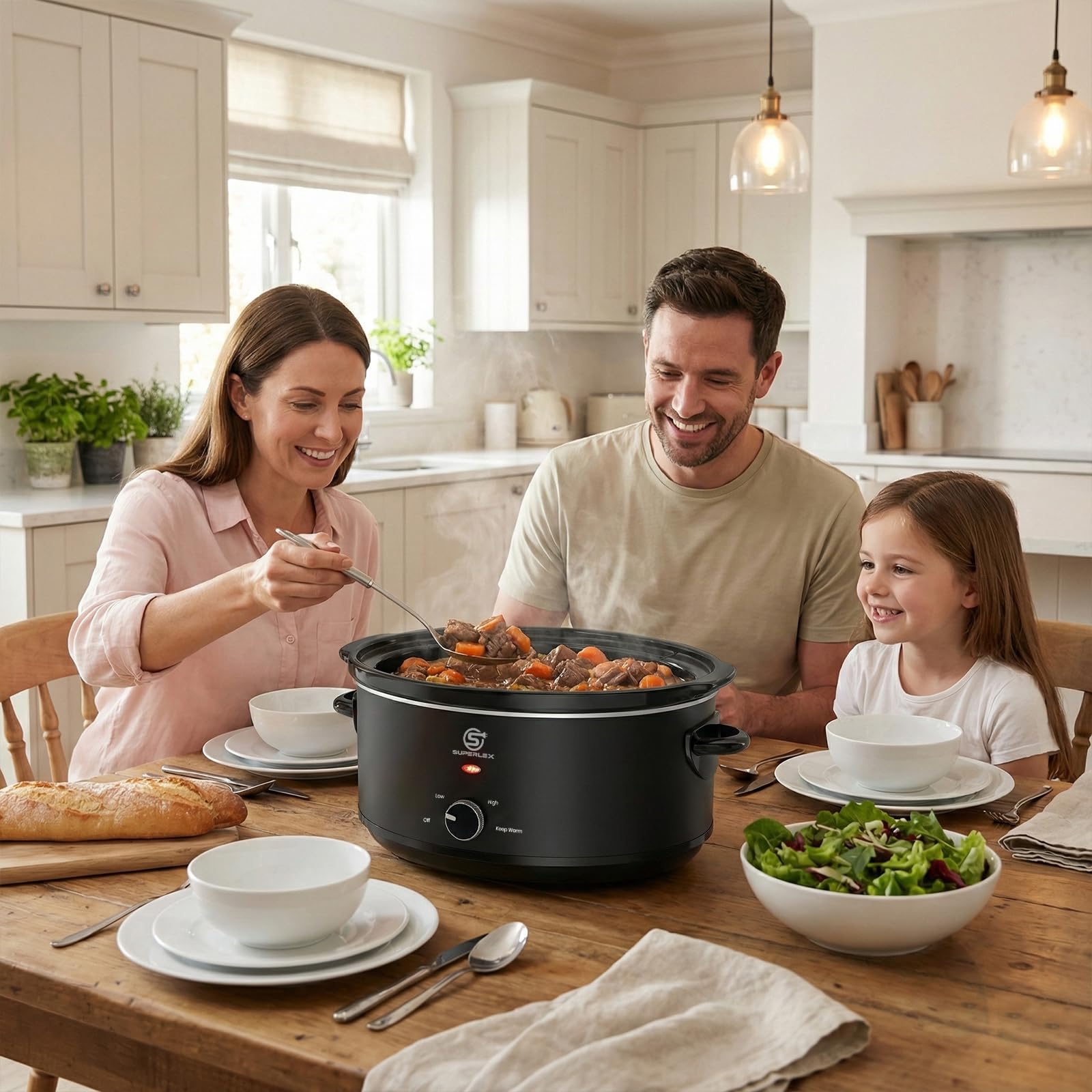 Slow Cooker - Pentola elettrica da 6,5 l, con pentola in ceramica e coperchio in vetro, funzione di mantenimento al caldo, 200 W, per feste di famiglia, zuppe, stufati, piatti di carne
