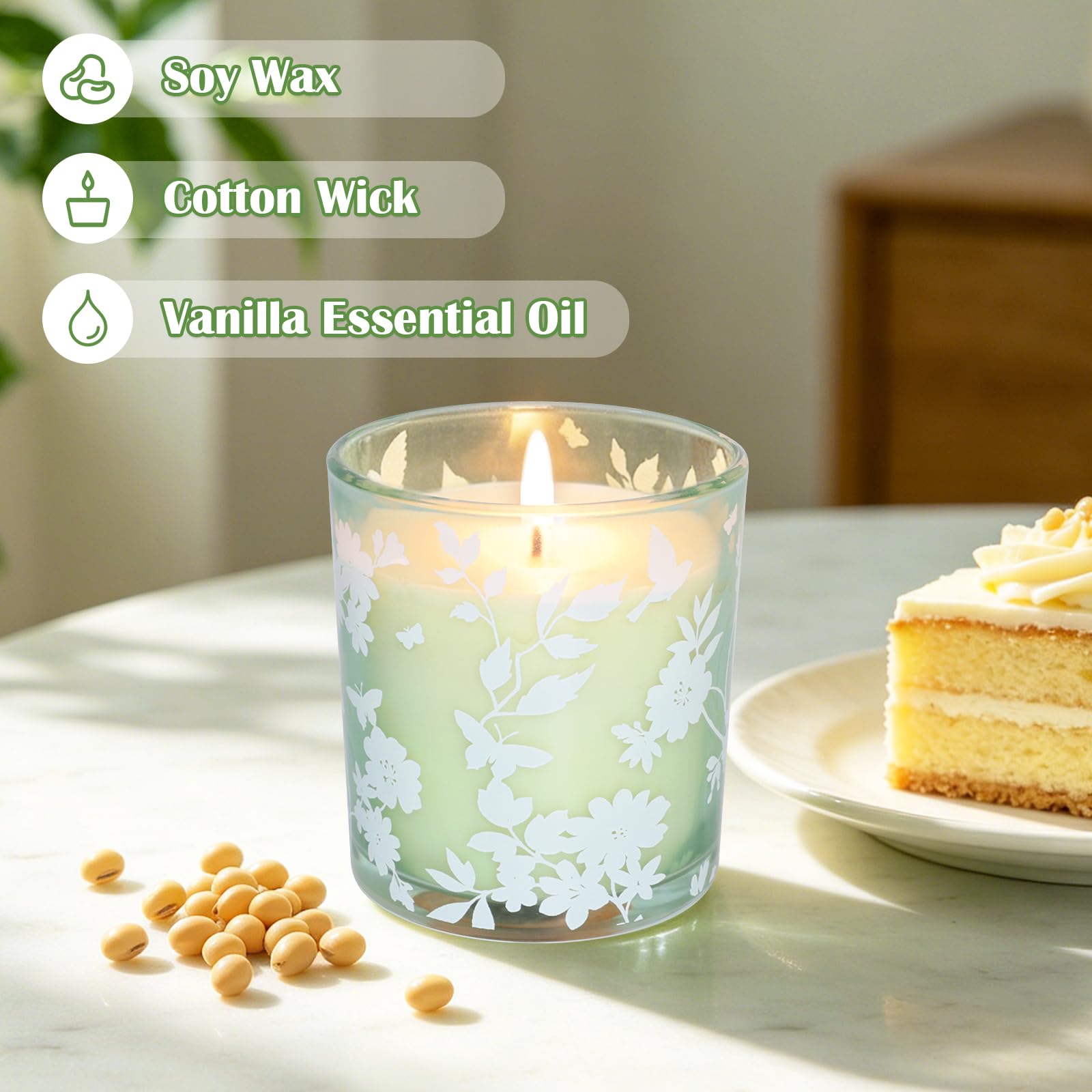 Paquete de 3 velas perfumadas de vainilla para aromaterapia, cera de soja de larga duración, vela en tarro de cristal blanco floral verde para decoración del hogar, Navidad, cumpleaños