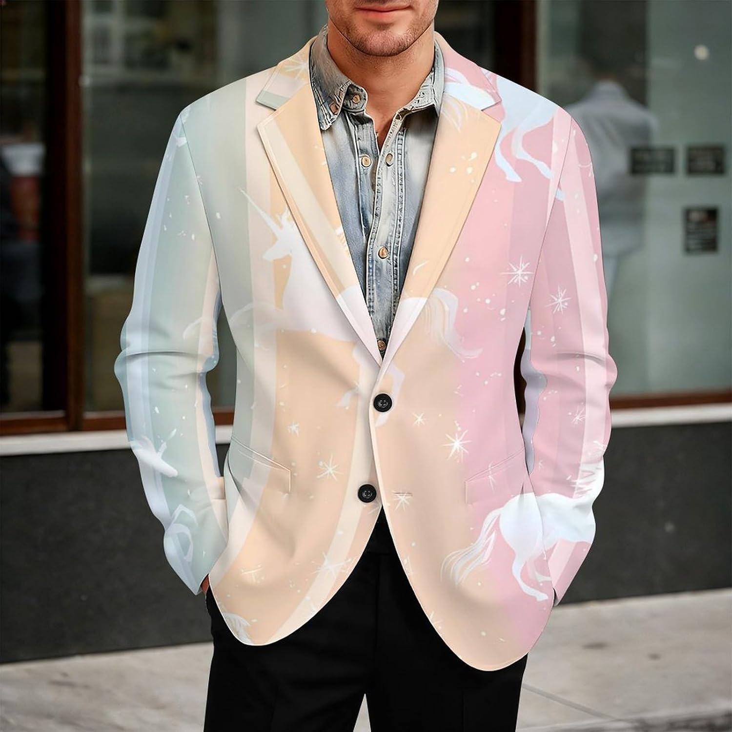 Colorful Unicorm Stripes Men's Blazers Slim Fit Business Casual Suit Sport Coat Jacket with Pocket