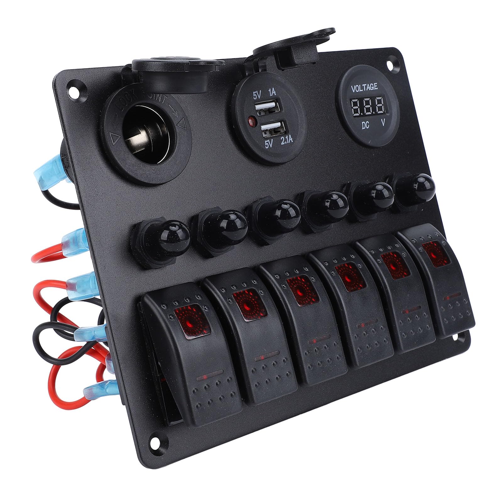 Acouto Panneau d'Interrupteur à Bascule DC 12-24 V 6 Gangs avec Surcharge, Double USB et Voltmètre Numérique pour Bateaux, Camping-cars, Panneau d'Interrupteur à Bascule 6 Gangs Interrupteur à