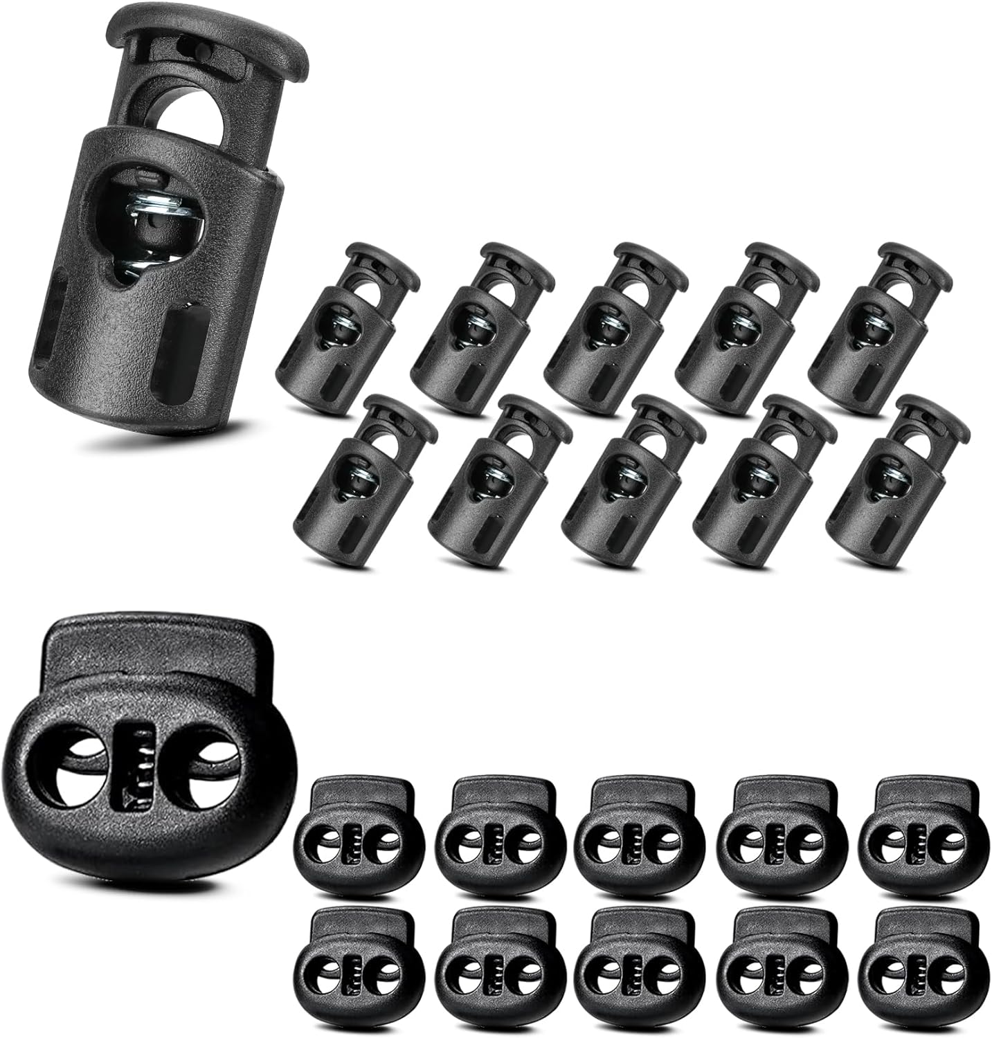 TTeebmi 20PCS Cord Locks for Drawstrings – 10 Single Hole and 10 Double Hole Spring Cord Stoppers – Plastic Toggle Clips for Bags, Shoes, DIY Crafts, Hoodies, Pants, Tent Ropes