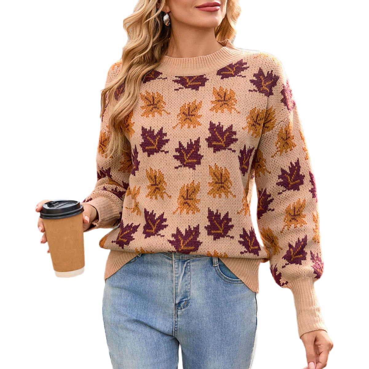 Chvity Womens Fall Leaf Trendy Jacquard Sweater Casual Knitted Soft Cozy Pullover Sweaters