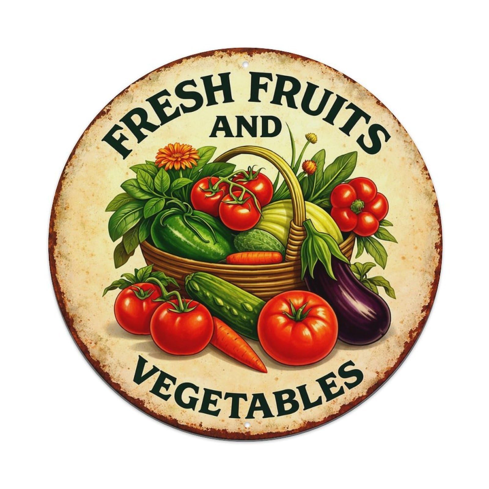 Fresh Fruits And Vegetables Vintage Round Tin Sign Retro Metal Wall Decor Metal Poster, Home Bar Garage Cafe Wall Art Decoration 8x8Inches