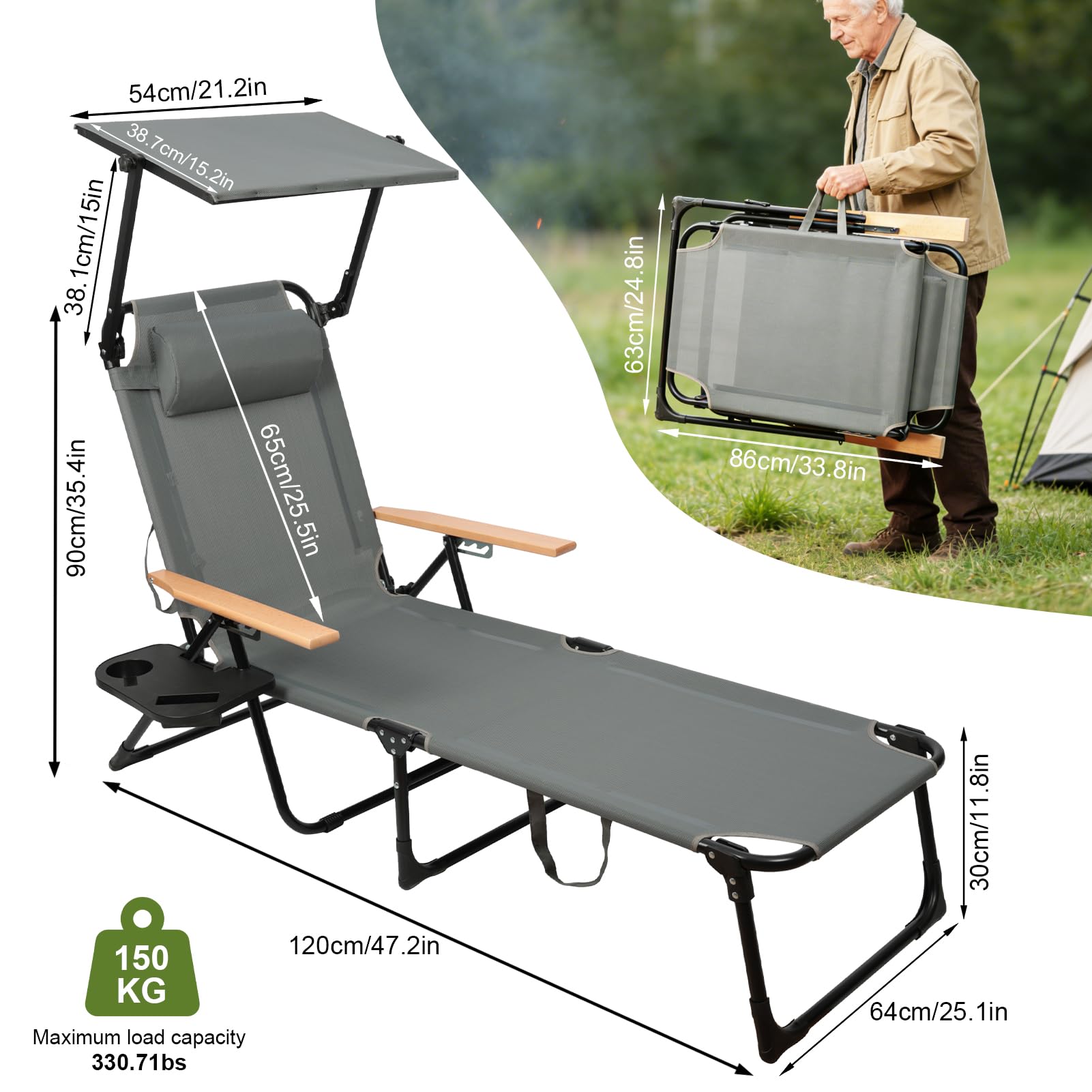 Sonnenliege Klappbar mit Dach, Gartenliege Klappbar Liegestuhl Verstellbarer Rückenlehne, mit Holzarmlehnen, Campingliege Faltbar, für Balkon, Terrasse, Camping, Strandliege Leicht (Grau)