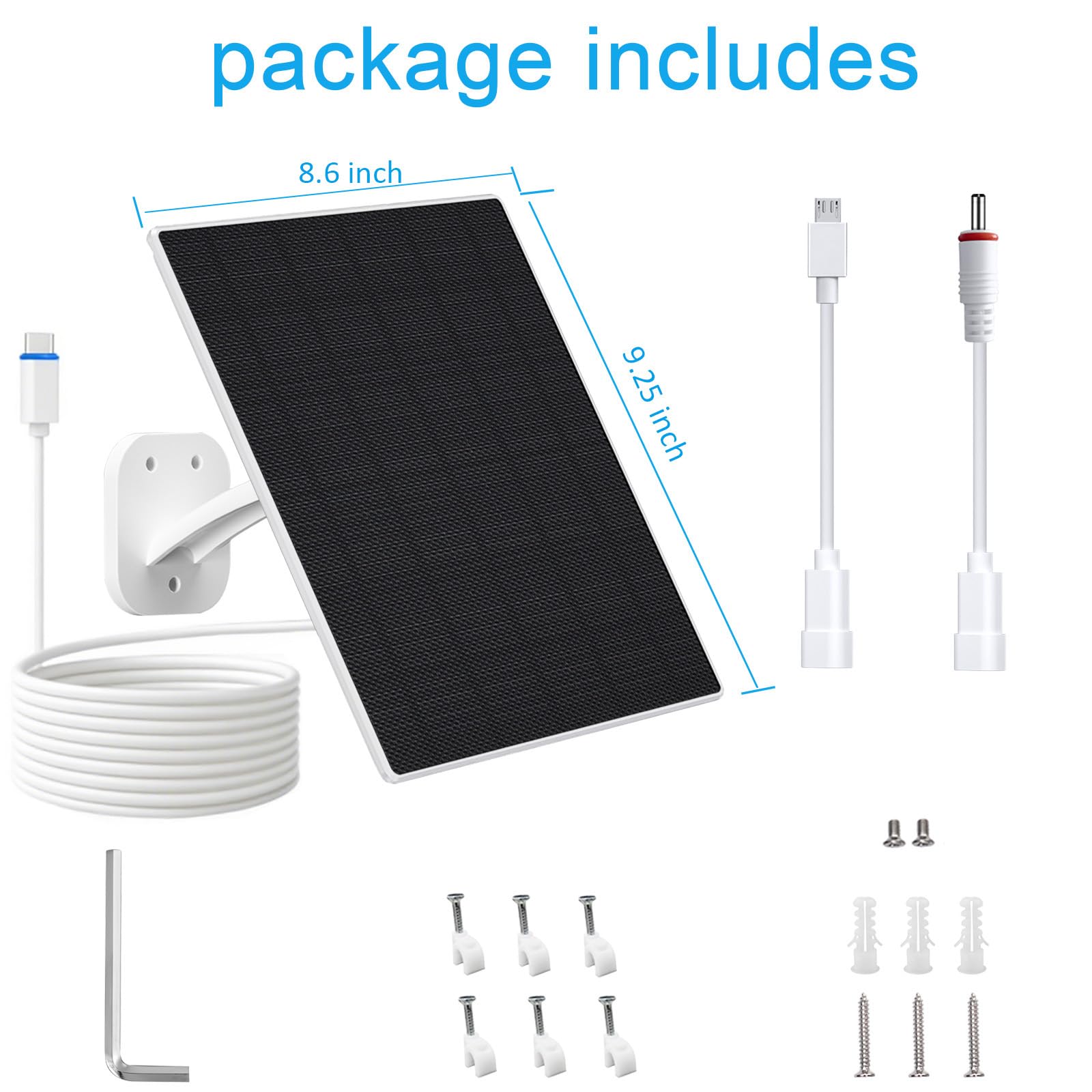 FUTUREZEN Pannello solare per telecamera di sicurezza, caricatore solare da 10 W con DC 5,5 x 2,1 mm, porta USB-C e micro USB, impermeabile IP66, supporto regolabile a 360°, cavo da 2 m (confezione da