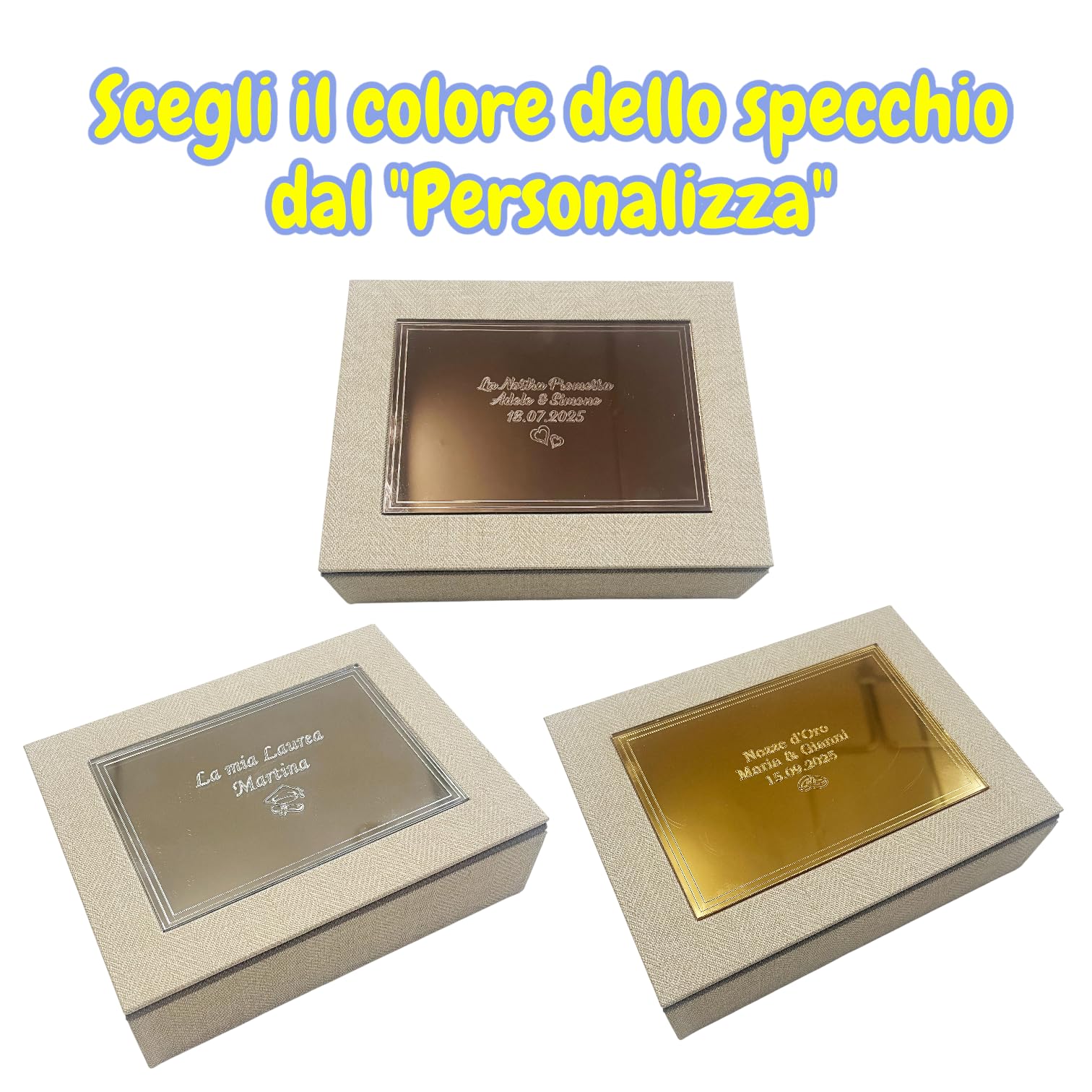 Caja portafotos - Box Mirror - cierre magnético, toda de madera recubierta con piel sintética, con placa de plexiglás espejo, personalizable con grabado, en varios formatos, idea de regalo, eventos