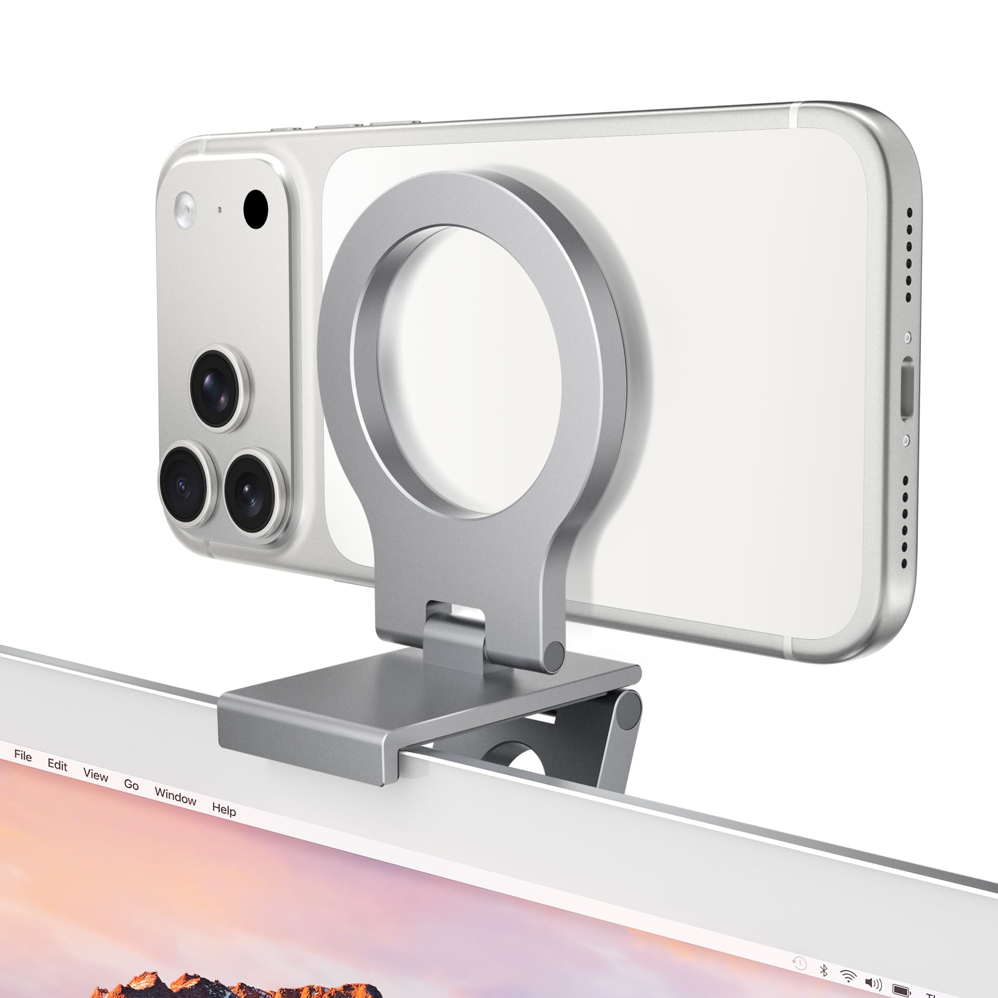 Itramax Support Caméra de Continuité,Support Magnétique à Angle Réglable pour Téléphone Portable et Webcam pour iPhone 17 16 15 13 14,Mag-Safe Case,iMac&MacBook macOS 13 Ventura,FaceTime,Standard-Gris