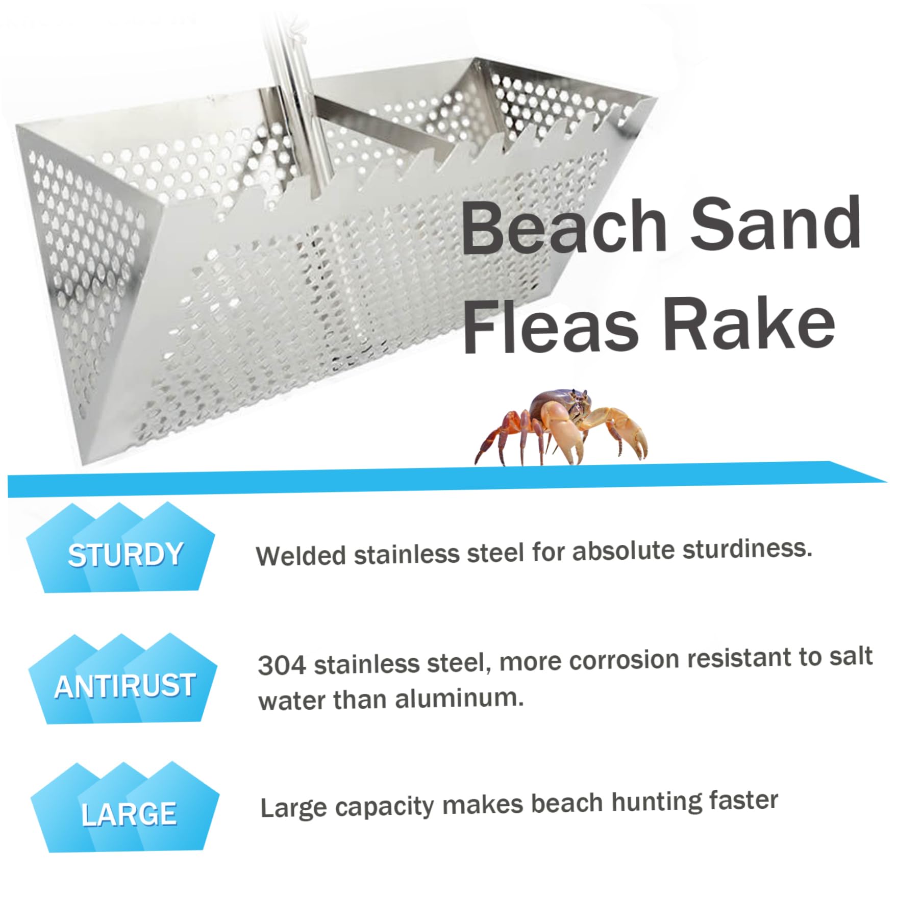 Rastrello esagonale in acciaio inox da 130 cm, denti smussati, impugnatura antiscivolo, setaccio rimovibile per sabbia e pulci e strumenti efficienti per la pulizia della spiaggia