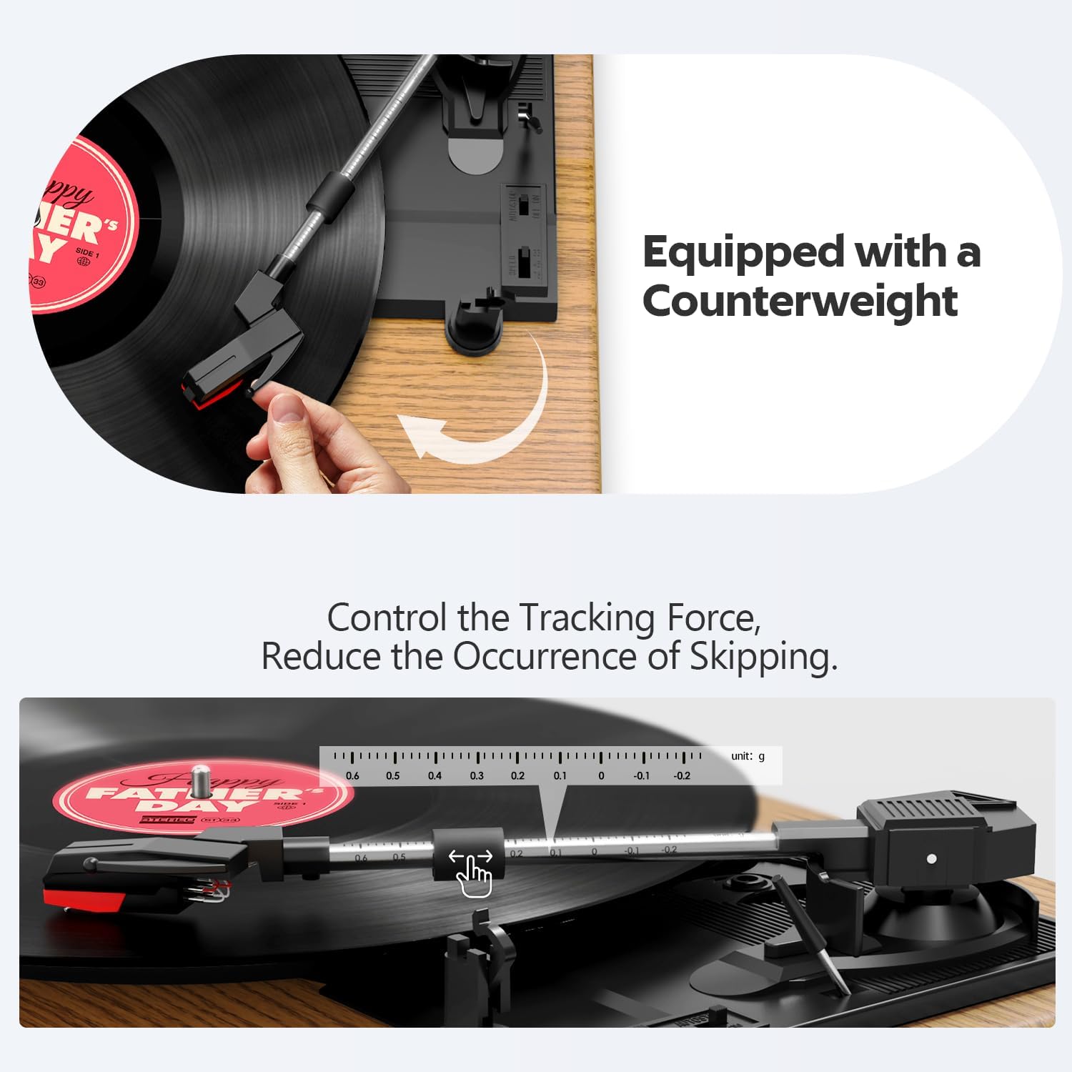 Close-up image showing how to adjust the counterweight on the tone arm of the record player.