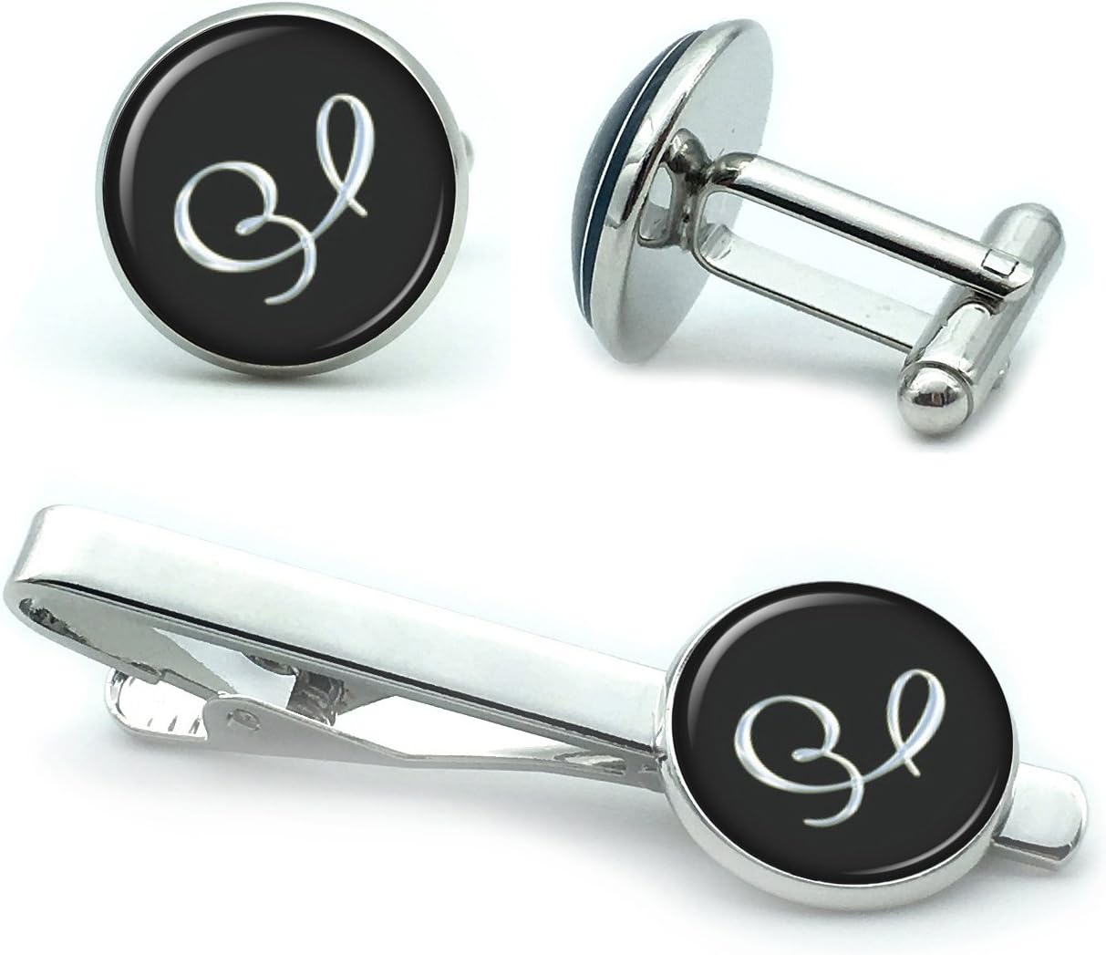 B Seve Mens' Personalized Initial Set of Cufflinks and Tie Clip Silver Suit Letter Cuff Link with Giftbox A-Z