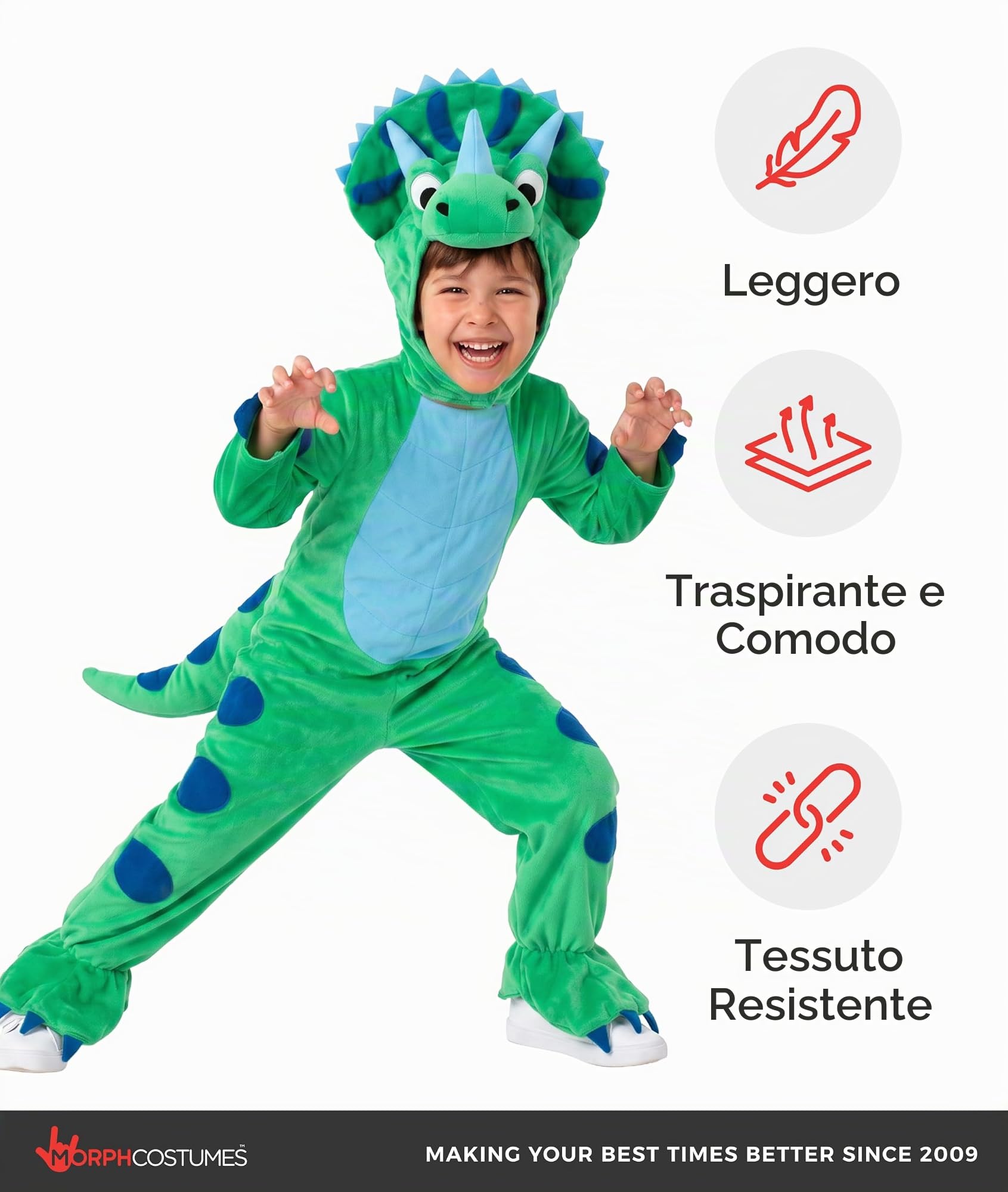 Morph Costume Triceratopo Bambino, Costume Halloween Bambino | Tuta con Piedi, Coda & Cappuccio, Design Triceratopo Blu, Perfetto per Halloween, Ideale per il Gioco di Ruolo