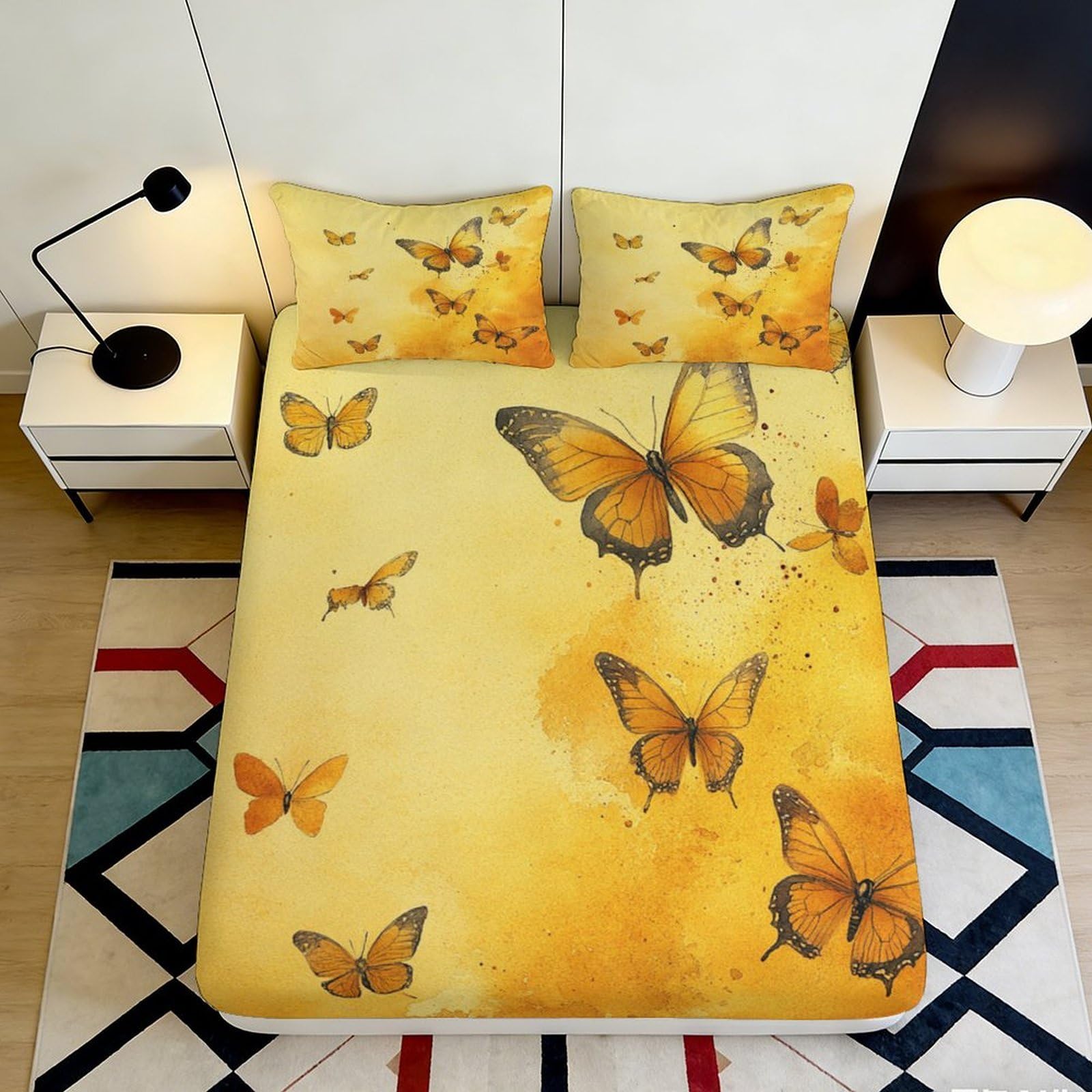3D Printed Yellow Butterfly Fitted Sheet Microfiber Soft Non-slip Mattress Cover Orange Monarch Bed Decor 90x200x25cm