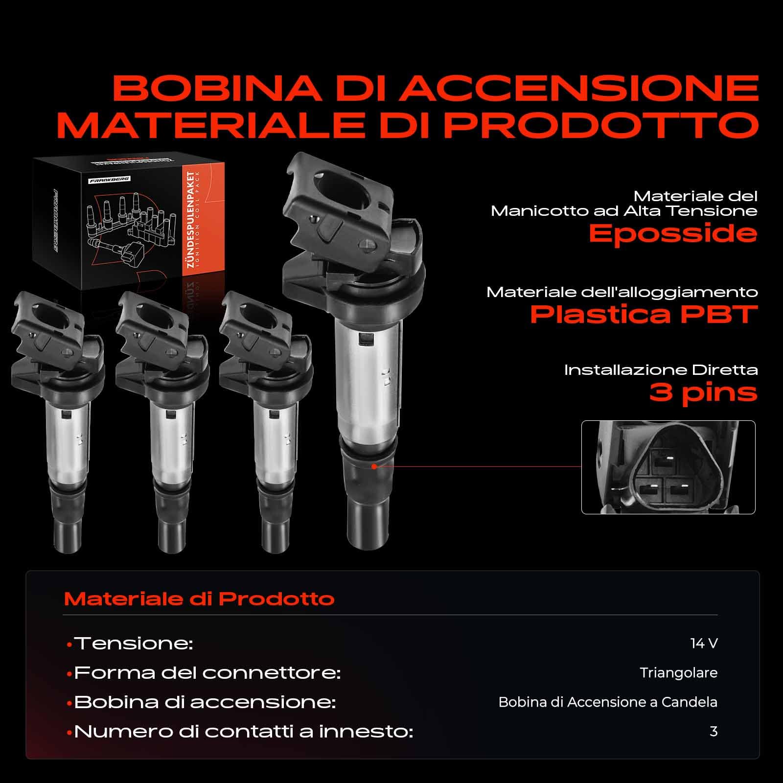 Frankberg 4 bobine di accensione 12137575010 | Compatibile con: C4 II NC, DS5, 308 II L3 LB LH LP LW, M.i.n.i Cabrio R57, 2008 I CU, C5 III Freno RW
