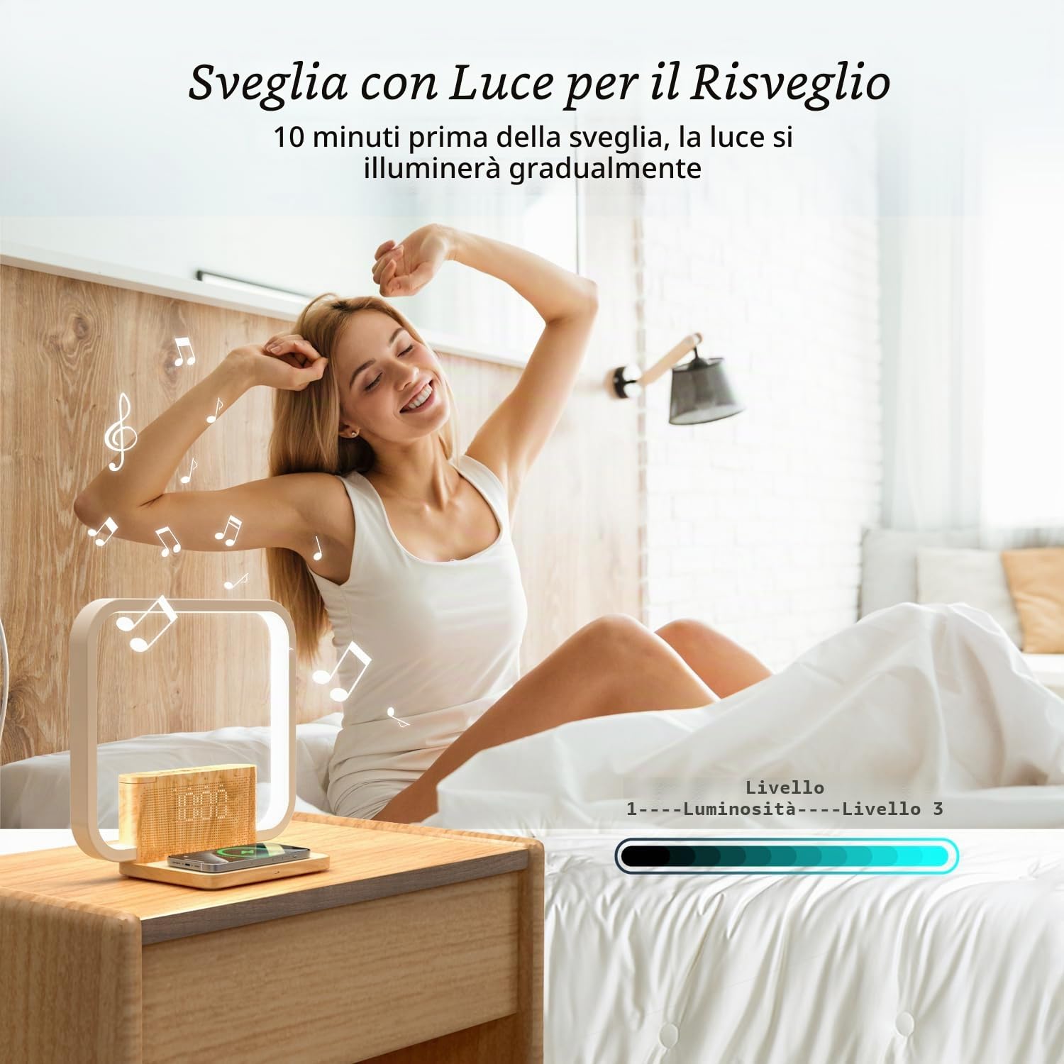 Lampada da comodino con ricarica wireless 10 W, luce Wake Up, 10 suoni naturali, aiuto per addormentarsi e lampada da tavolo dimmibile 3 livelli