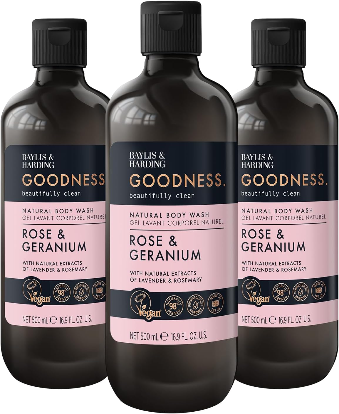 Goodness Rose & Geranium Natural Body Wash 500ml, Pack of 3 - Vegan Friendly