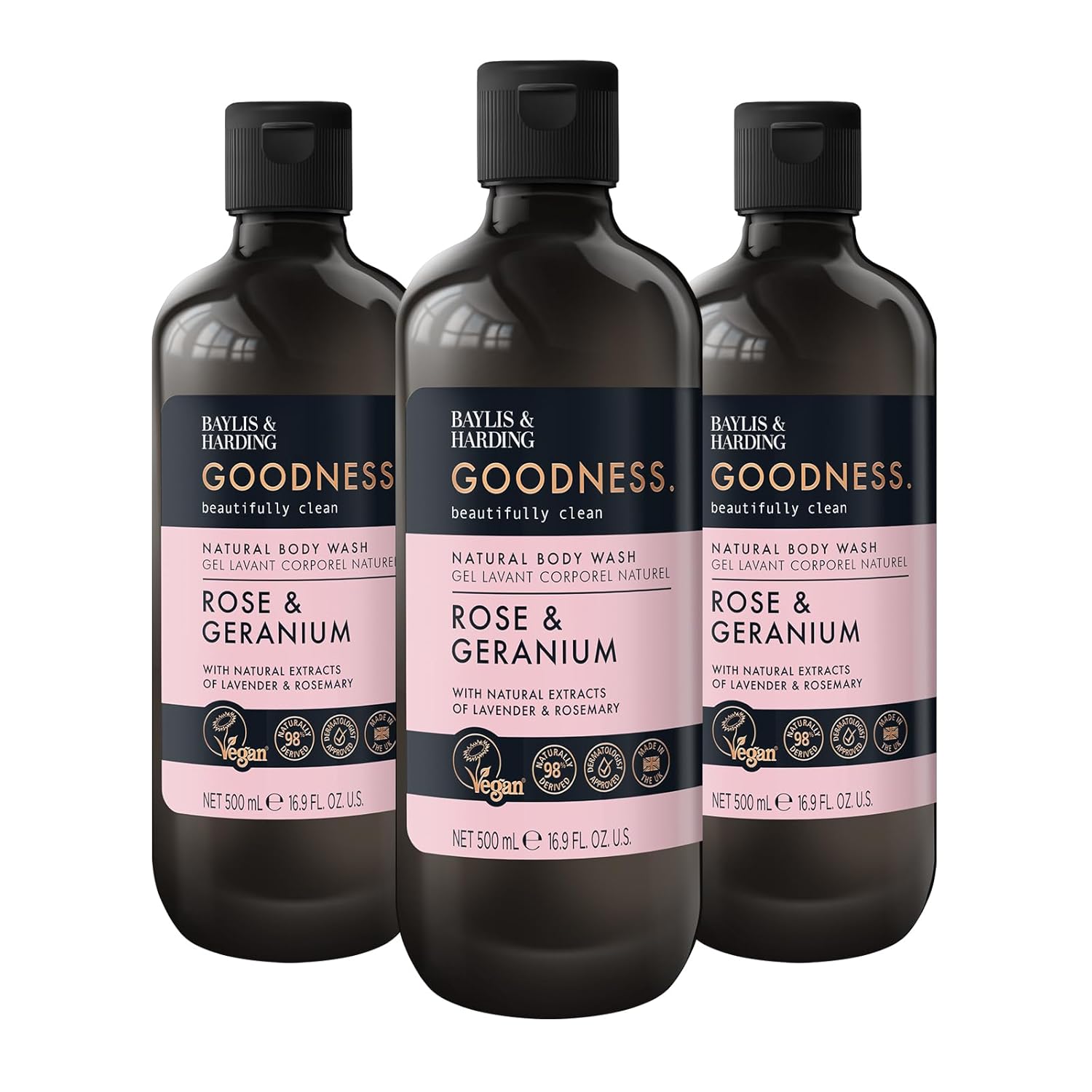 Baylis & Harding Goodness Rose & Geranium Natural Body Wash 16.9 fl. oz (Pack of 3) - Biodegradable Formula - Vegan Friendly