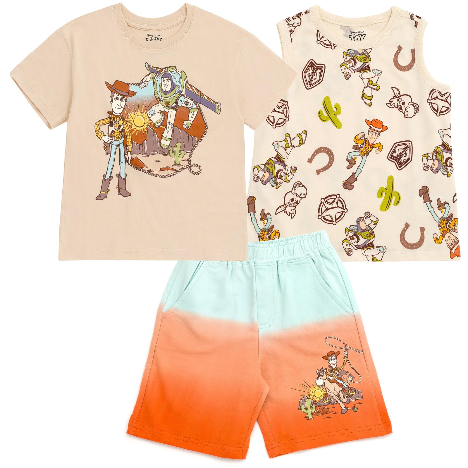 Disney Lion King Toy Story Mickey Mouse Cars T-Shirt Tank Top and French Terry Shorts 3 Piece Outfit Set Toddler to Big Kid