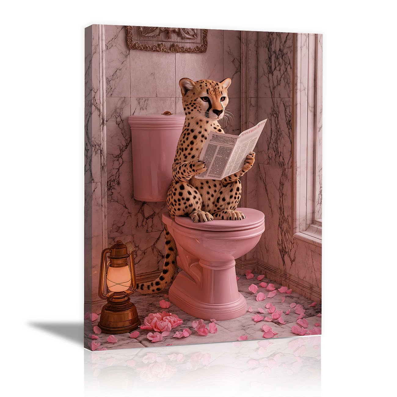 TODOAA Animal Wall Art lion Prints Pictures Bathroom Leisure Leopard Family Picture Painting - Modern Wall Artwork for Gifts Bathroom Home Kitchen Office Decor(Pink 23)-30x40cm Framed