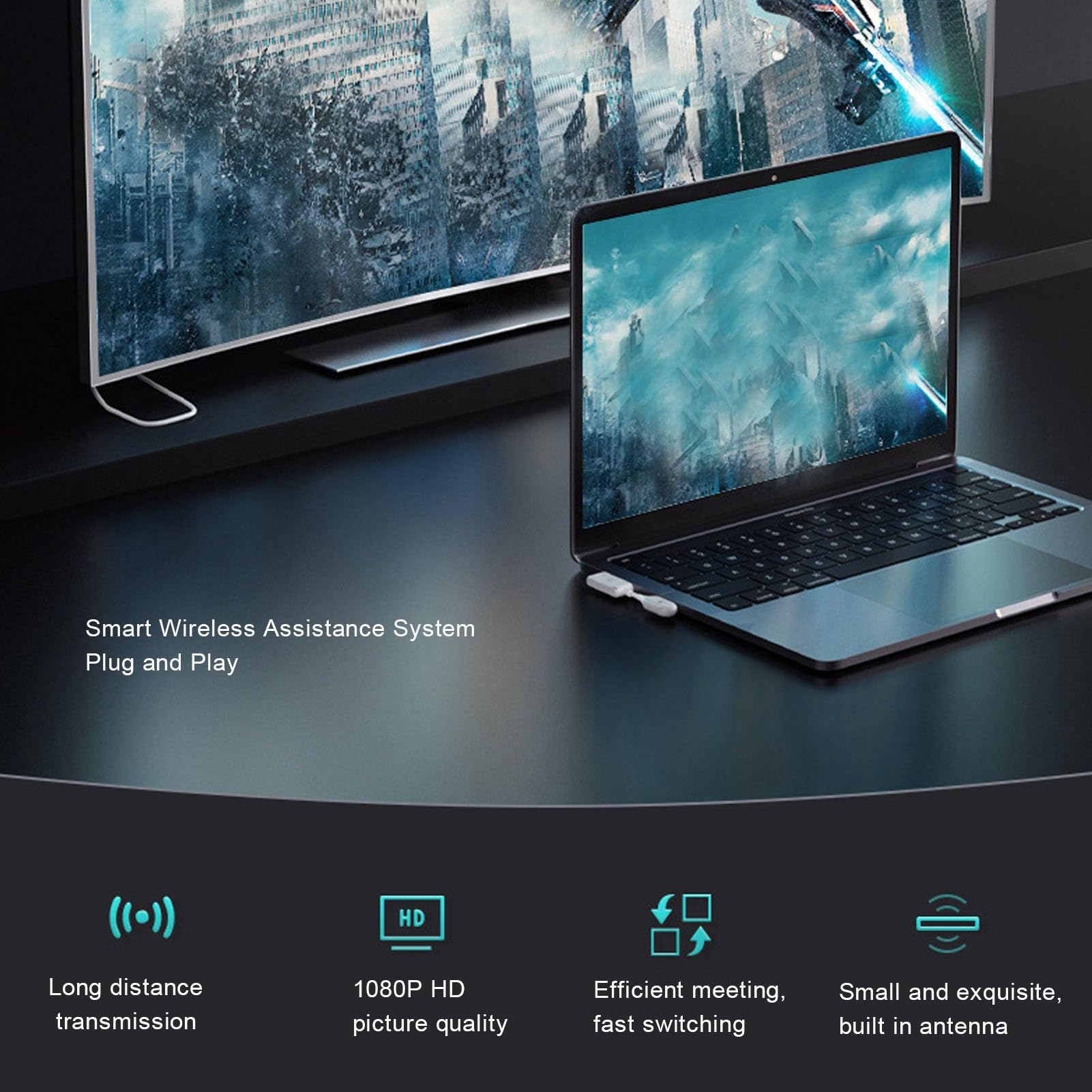 Asixxsix Bezprzewodowy Adapter Wyświetlacza USB C na, 1080P 60 Hz Bezprzewodowy Nadajnik-odbiornik Typu Plug and Play z Zasięgiem 50 M Transmisja 5G do TV Projektor Mirroring