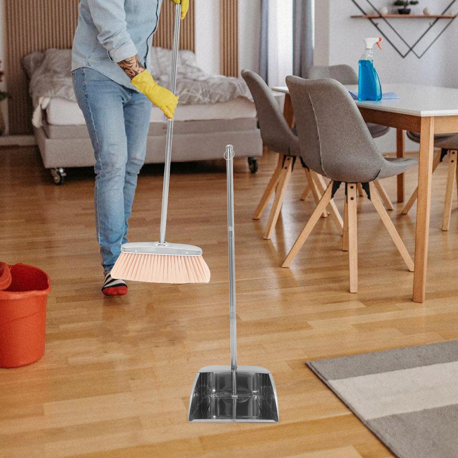 Recogedor de Basura y Diseño Ergonómico de Acero Inoxidable Mango Largo, Grosor Reforzado para Limpieza Hogar