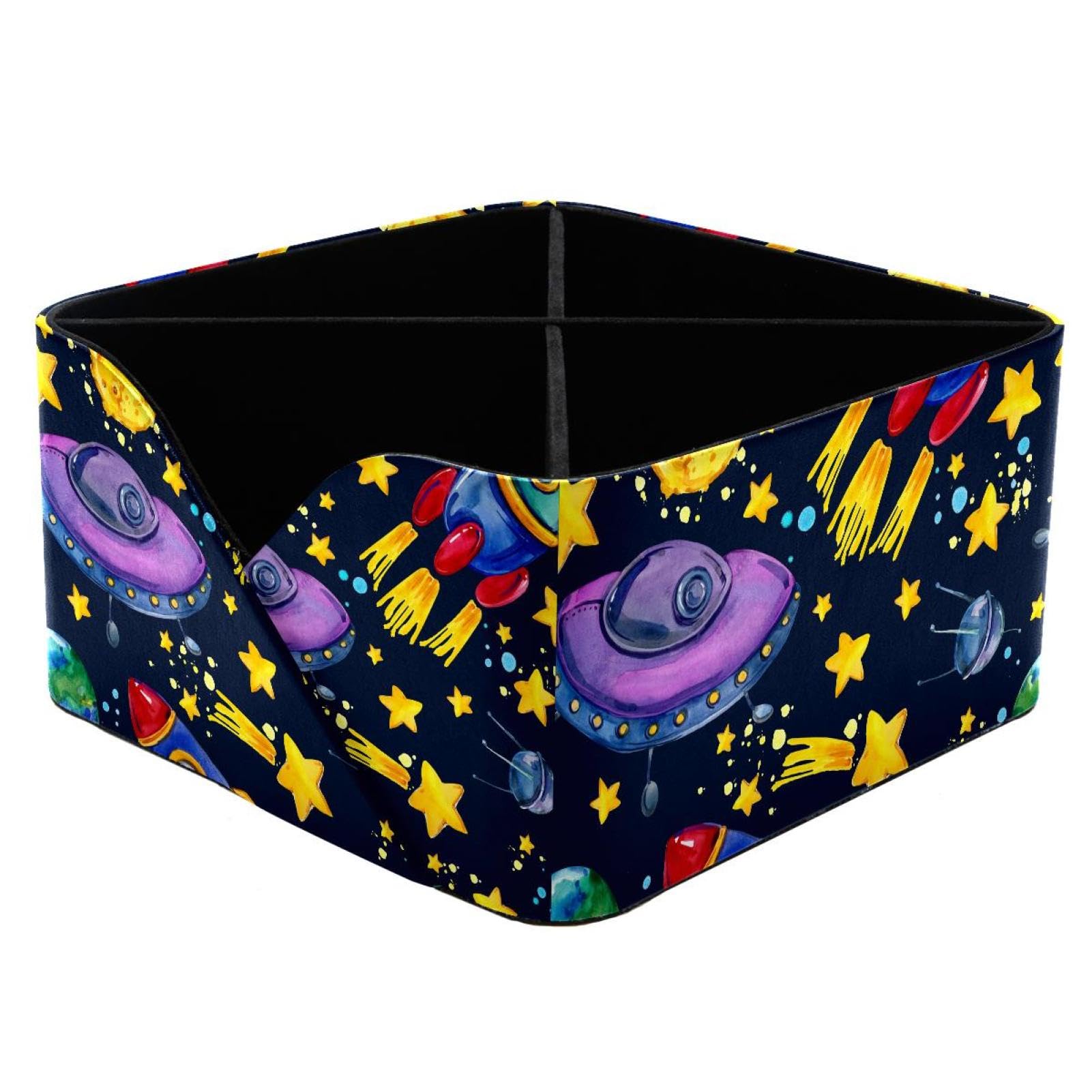 KengjuTesu Cartoon UFO Rocket Planet Star Desktop Organizer Pen Holder, Rectangular Pencil Cup for Office, Study and Makeup Stations