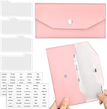 Frienda Cash Envelope Wallet PU Leather 7 x 3.5 Inch Reusable Budget Money Pouch Envelope Organizer 8 Cash Dividers 2 Sheets Category Sticker Labels for Wallets Bill Planner(Pink,Classic)