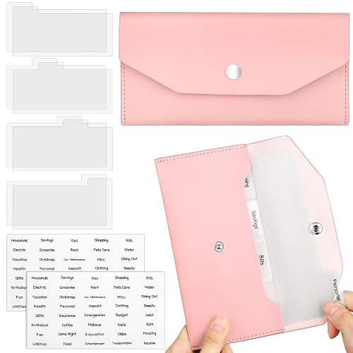 Frienda Cash Envelope Wallet PU Leather 7 x 3.5 Inch Reusable Budget Money Pouch Envelope Organizer 8 Cash Dividers 2 Sheets Category Sticker Labels for Wallets Bill Planner(Pink,Classic)