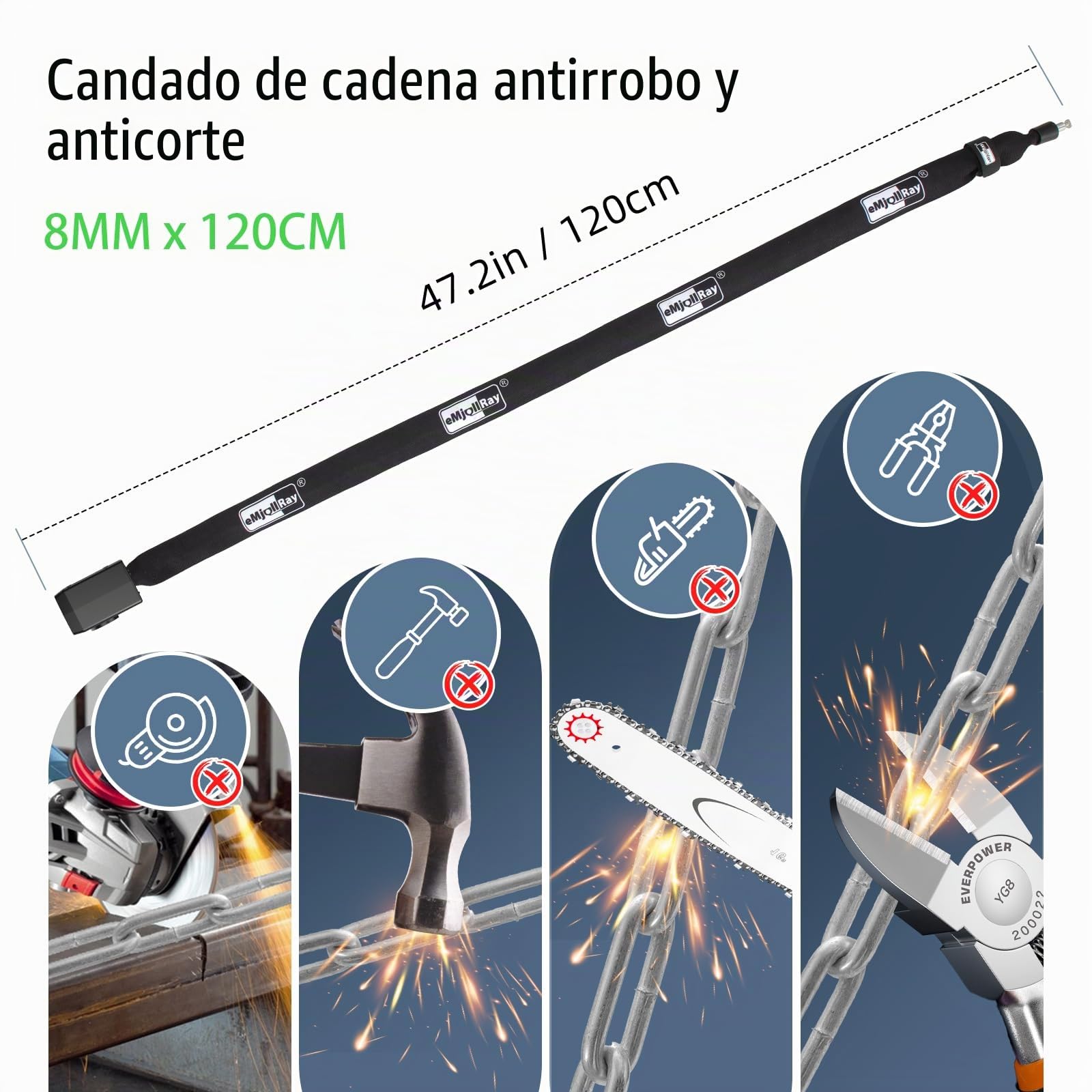 Candado de Bicicleta de 120cm con Alarma de 110dB, Candado de Cadena Antirrobo para Bicicleta Eléctrica, 8mm de Grosor, 2 Mandos a Distancia, 3 Llaves, Cable USB C