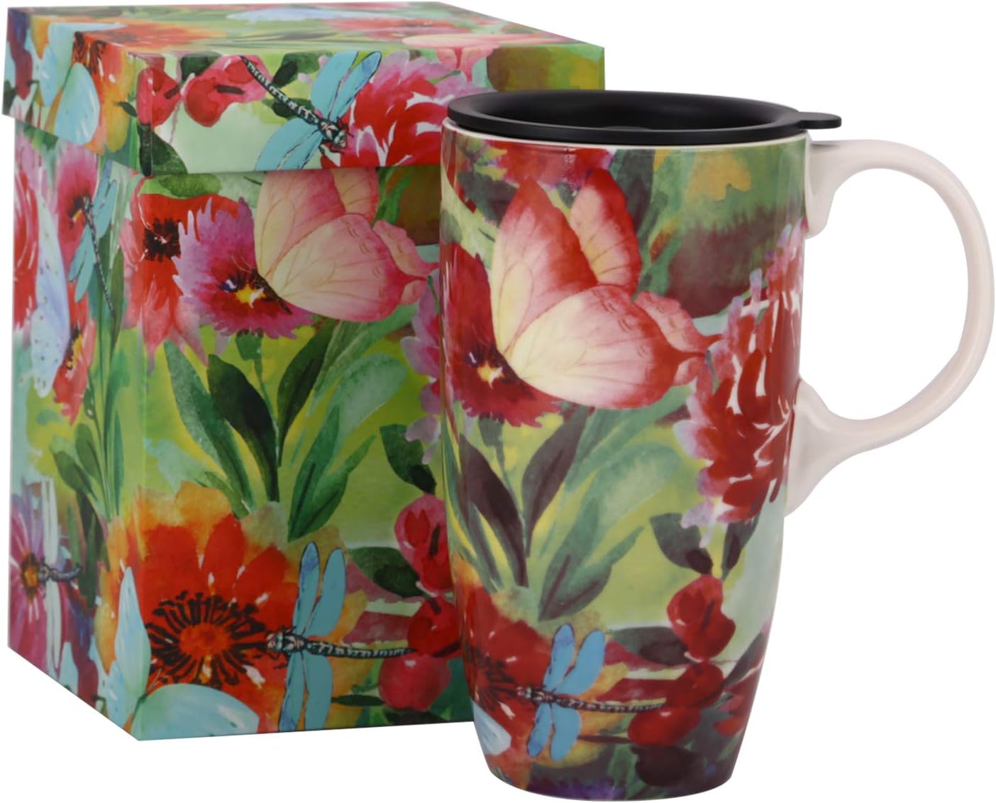 17oz Ceramic Travel Coffee Mug with Spill-Resistant Lid and Handle, Butterfly Coffee Cup with Gift Box, Microwave & Dishwasher Safe Tea Mug for Home, Office & Travel
