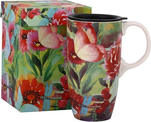 Miniatura 7 de Topadorn Taza de café de cerámica con tapa de 17 onzas, taza de té alta de porcelana con asa para el hogar y la oficina, taza roja con patrón de