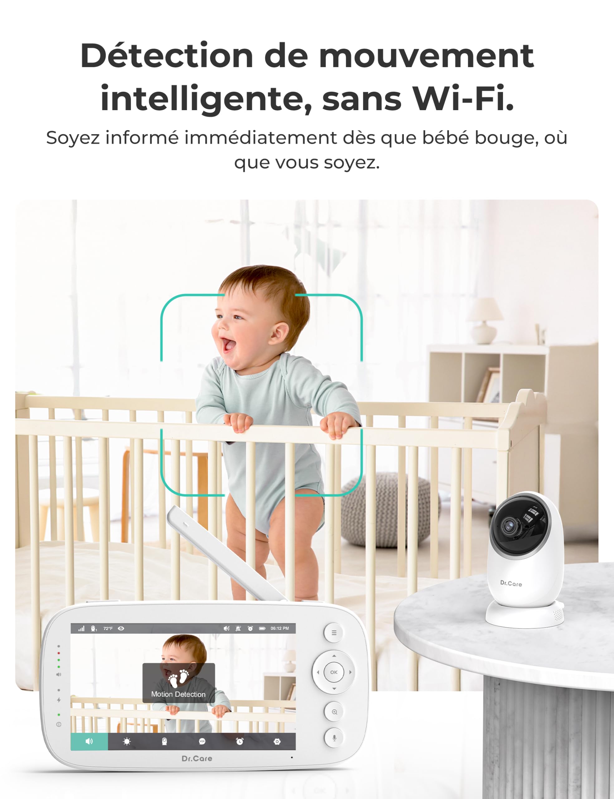 Dr.Care NovaView Pro Babyphone Caméra avec Détection de Mouvement - sans WiFi, Écran 5" 1080P, Batterie 5000mAh, Vision Nocturne, Zoom 2X/4X, Audio Bidirectionnel, Caméra Pivotante, Portée 390m