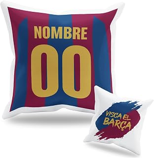 Cojín Personalizado Fútbol - Diseño Doble Cara con Relleno Incluido - Regalo Original Aficionados del Fútbol - Regalo Camiseta Equipo Fútbol - Apto para Lavadora (Barcelona, 40 x 40 cm)