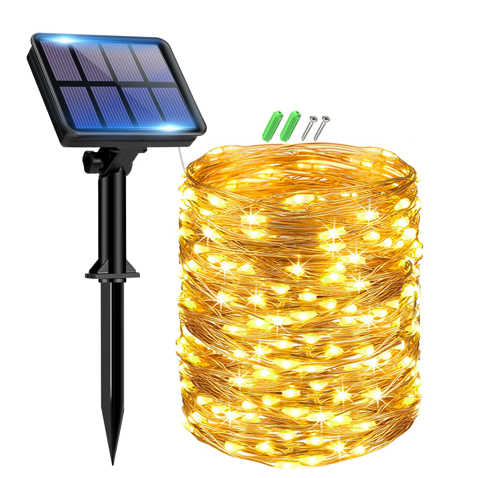 btfarm Guirnaldas Luces Exterior Solar, 15 M 150 LED Luces Solares LED Exterior Jardin, 8 Modos Navidad Solares Cadena para Terraza, Fiestas, Bodas, Patio, Jardines (Blanco Calido)
