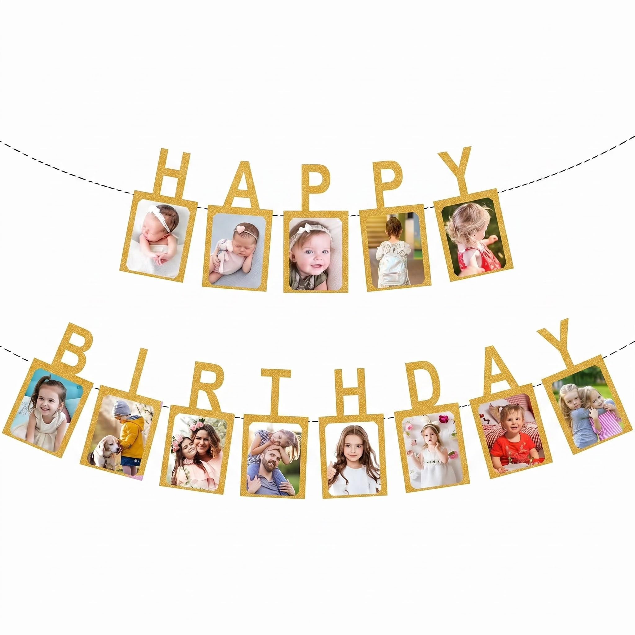 Satiskid 13 Pcs Happy Birthday Photo Banner, Kraft Paper DIY Photo Cards with Plastic Needle & Ribbon, 6.7x5.12 Inch Party Bunting for Birthday Decorations, Gold