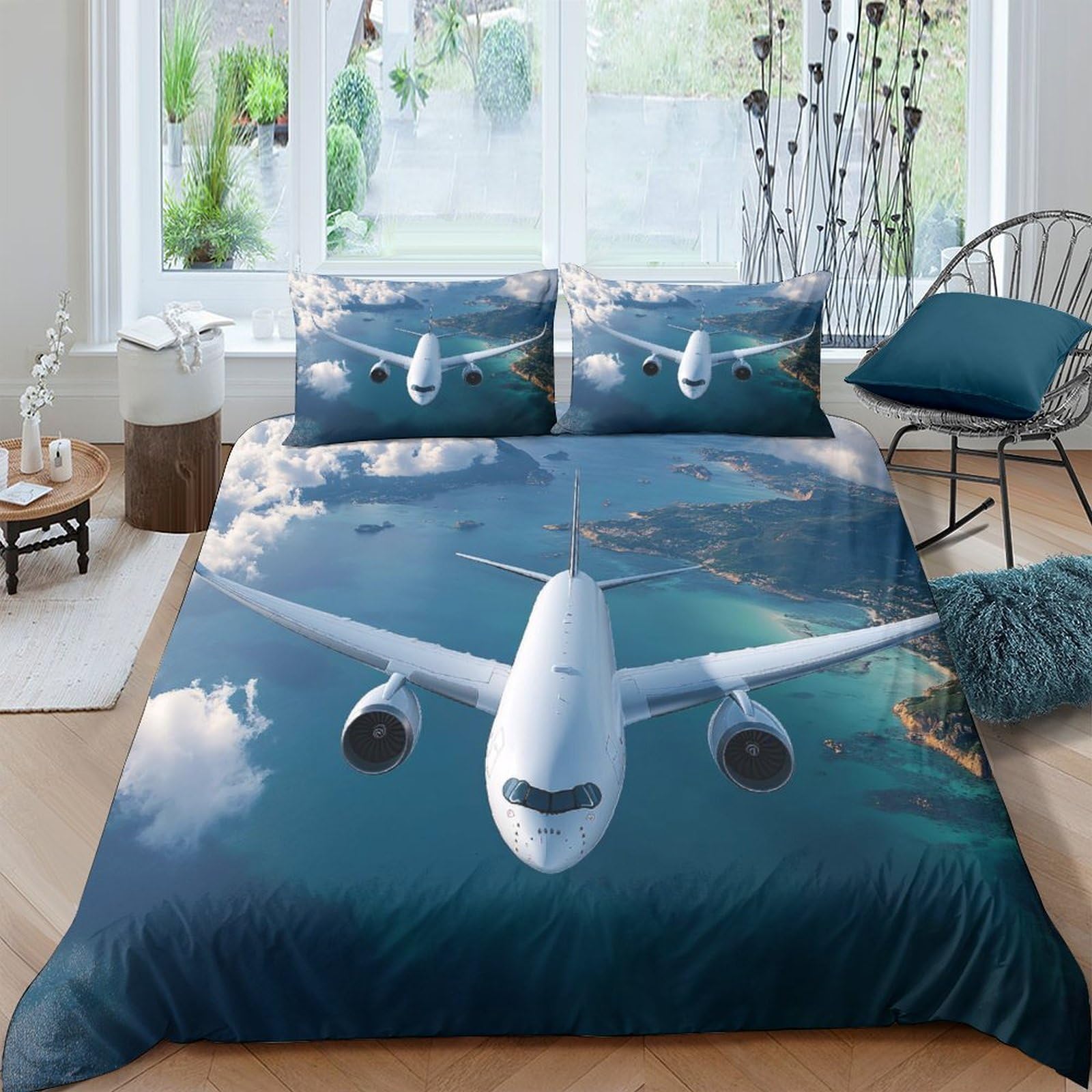 Ctjqhvkz Style-1 3D Printed Airplane Sky Fitted Sheet Microfiber Anti-Slip Ocean View Bed Sheet Easy Care For Bedroom Decor Single（135X200cm）