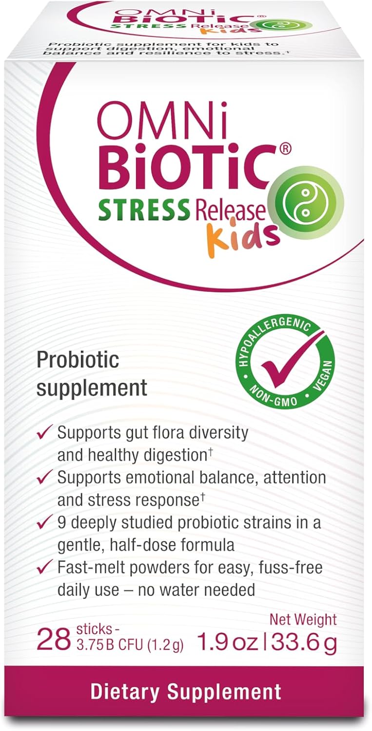 Omni-Biotic Stress Release Kids Probiotic – Science Backed Kids Probiotic Supplement for Digestion, Emotional Balance & Stress Resilience – Fast-Melt Powder (28 Daily Packets)