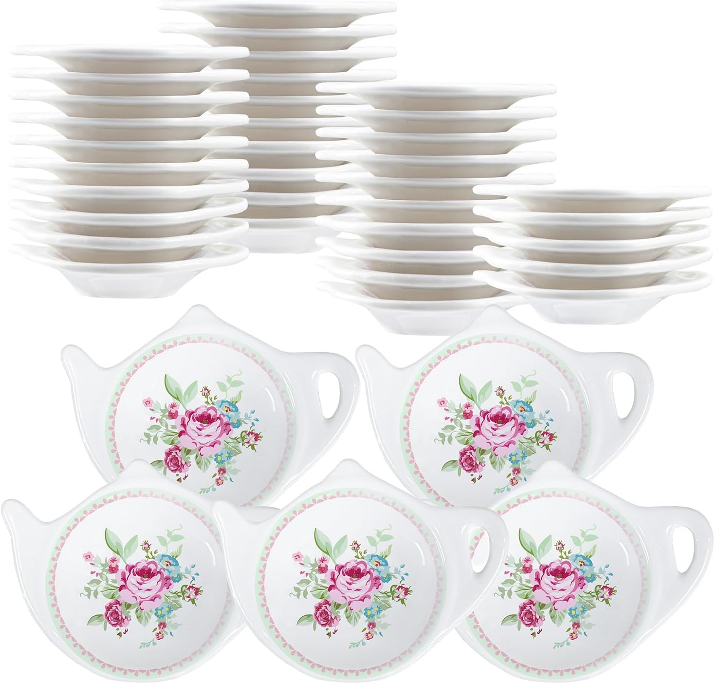 Floral Flowers Tea Bag Holder Tea Porcelain Accessories Teapot Shaped Tea Bag Coaster Resting Caddy Saucer 4 Inch/10cm-Set of 40