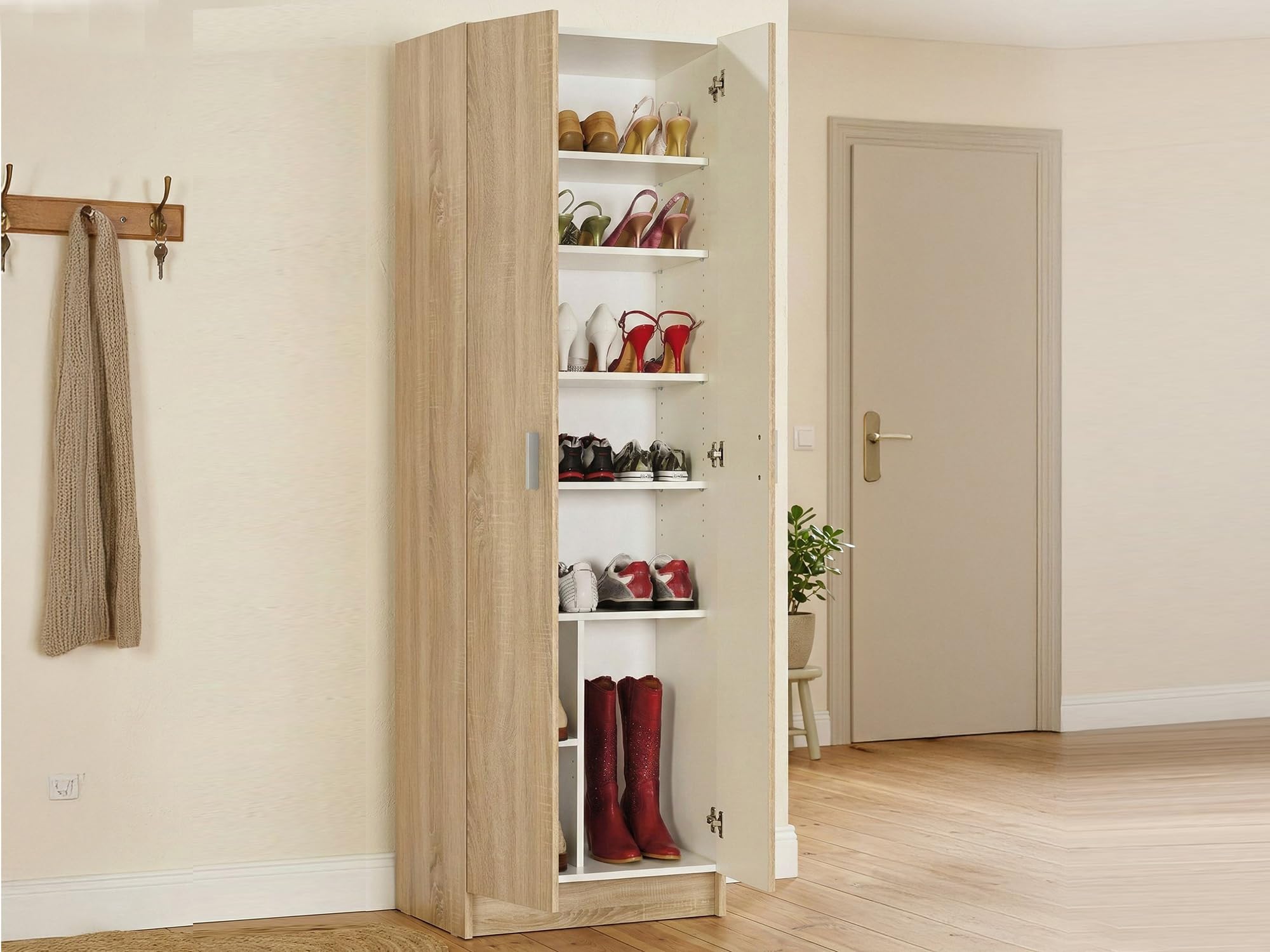 Dmora - Armoire multifonction 2 portes Portsmouth, meuble auxiliaire, penderie à chaussures moderne, meuble à chaussures vertical, 59 x 37 x 180 cm, chêne