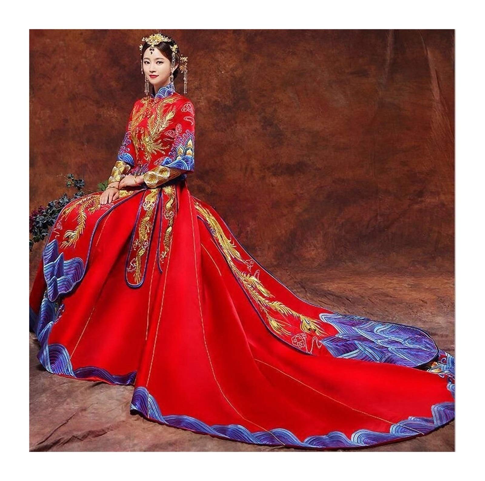 Homeilteds Women's Train Vintage Blue Cheongsam Modern Chinese Traditional Wedding Dress Oriental Collars Elegent Long Qipao Comfortable (Color : Size : M.)