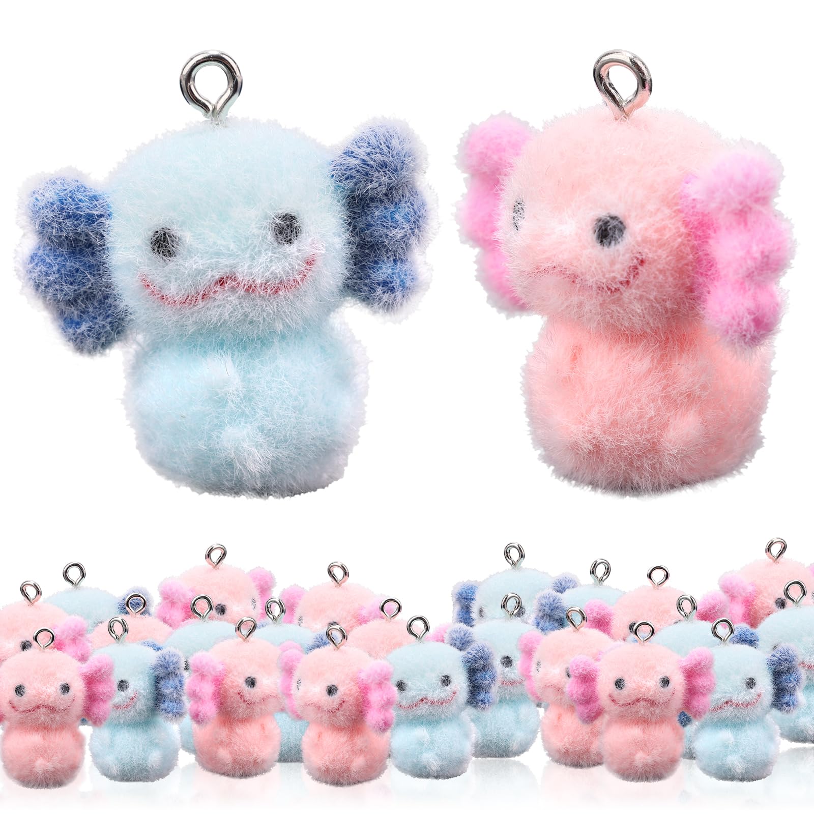 Lyreh 30pcs Flocked Axolotl Figurines, Mini Resin Animal Charms Small Cute Fuzzy Animal Ornament Decorations Miniature Axolotl Figures for Jewelry Making DIY Bracelets Necklaces Favors (Blue, Pink)